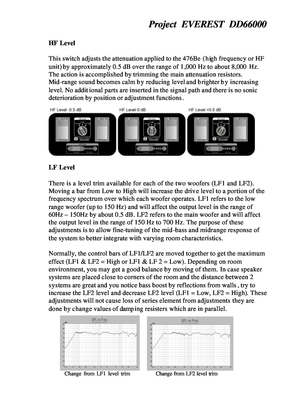 JBL manual Project EVEREST DD66000, HF Level, LF Level, Change from LF1 level trim 