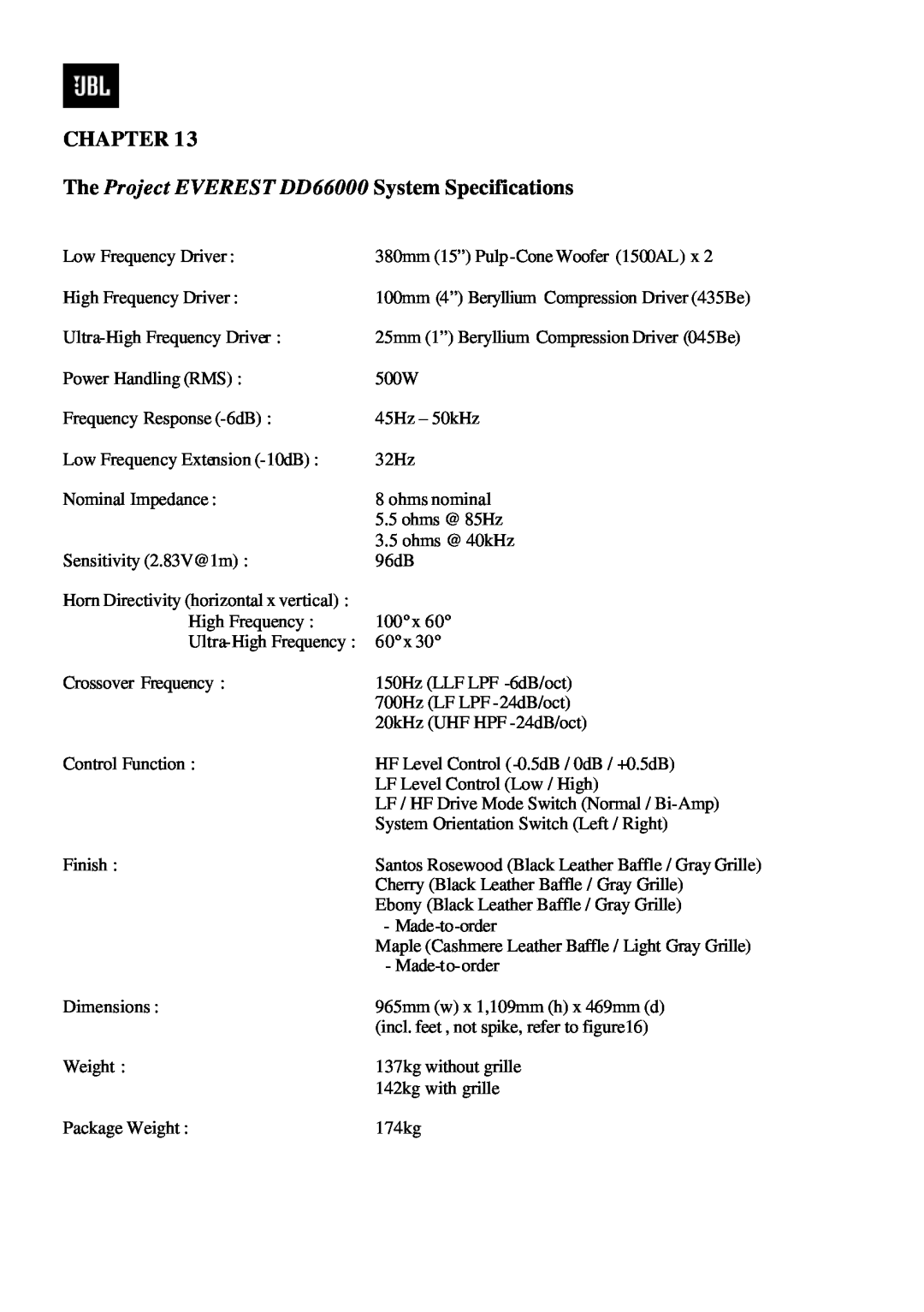 JBL manual Chapter, The Project EVEREST DD66000 System Specifications 