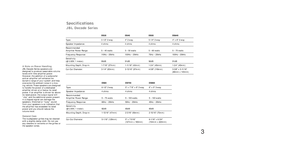 JBL DS75, DS645, DS35 manual Specifications, General Care 