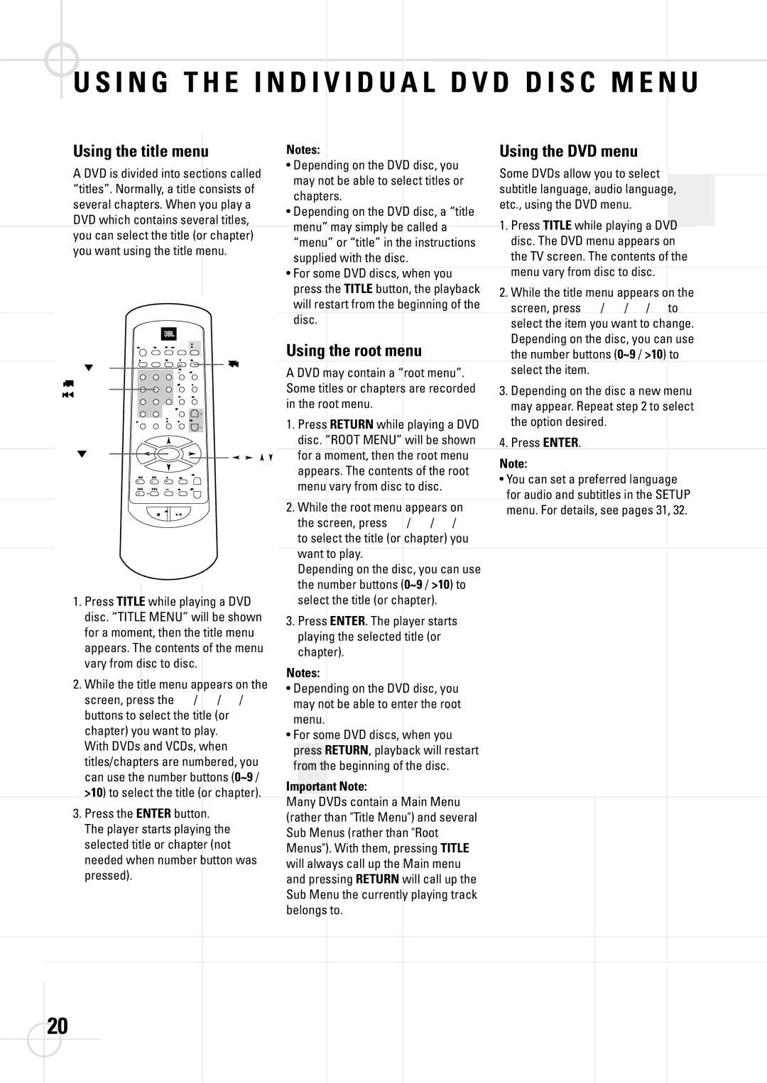 JBL DSC 400, DSC 800 manual Using the title menu, Using the DVD menu, Using the root menu, Important Note 