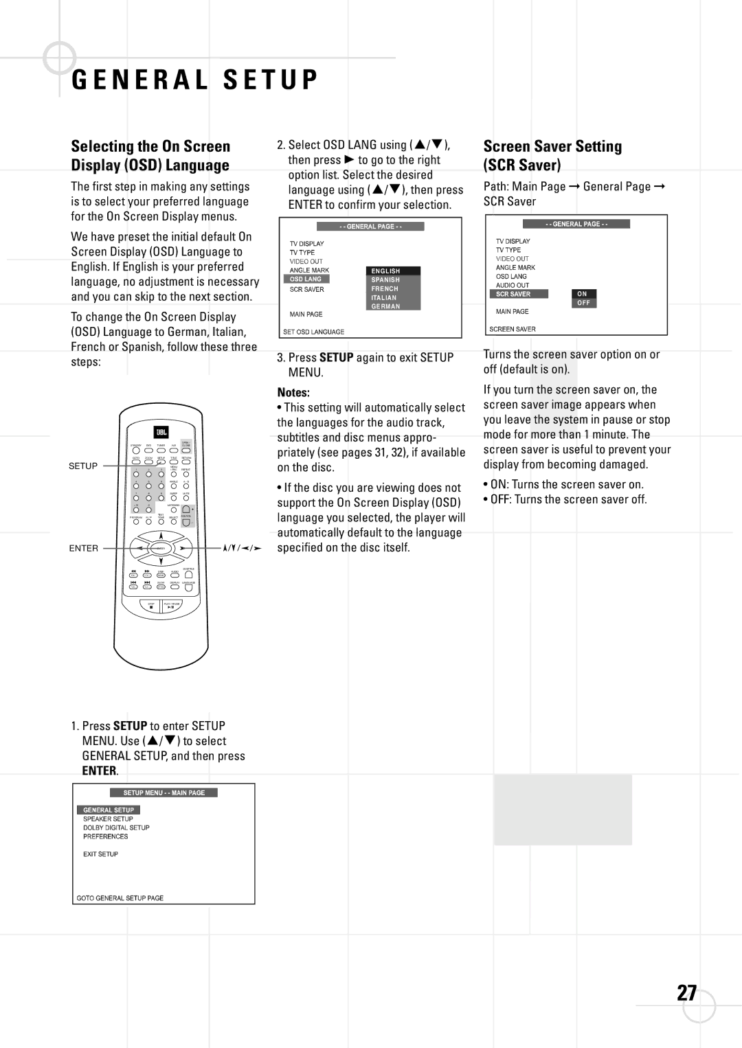 JBL DSC 800, DSC 400 manual N E R a L S E T U P, Selecting the On Screen Display OSD Language 