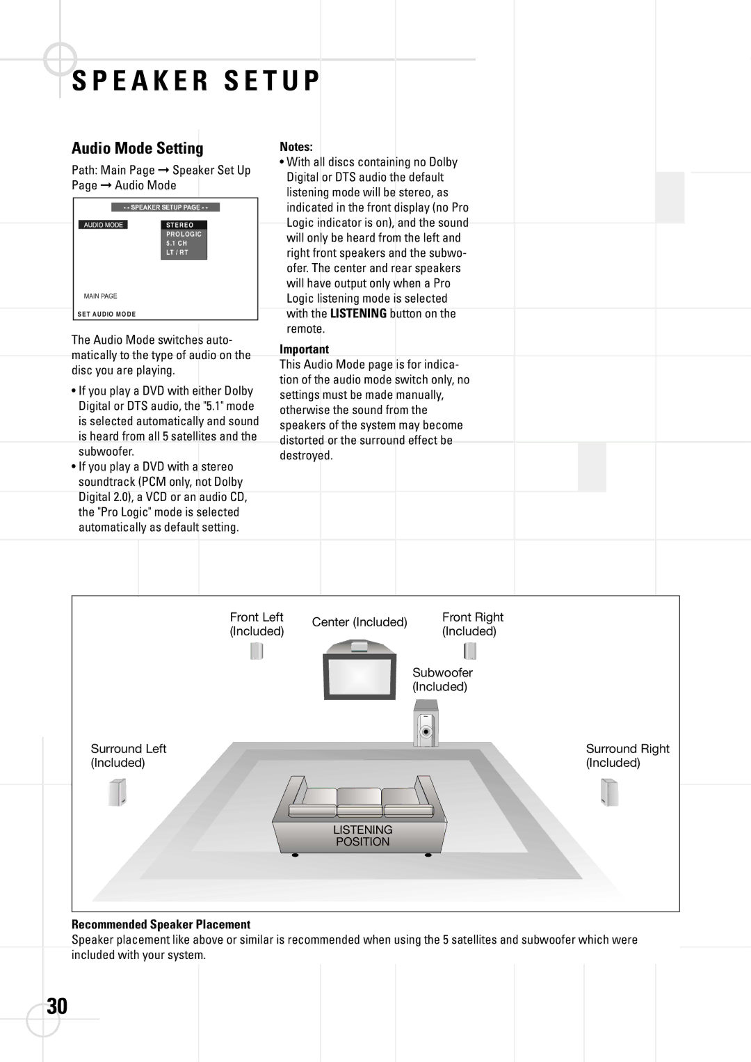 JBL DSC 400, DSC 800 manual E a K E R S E T U P, Audio Mode Setting, Path Main Page Speaker Set Up Page Audio Mode 