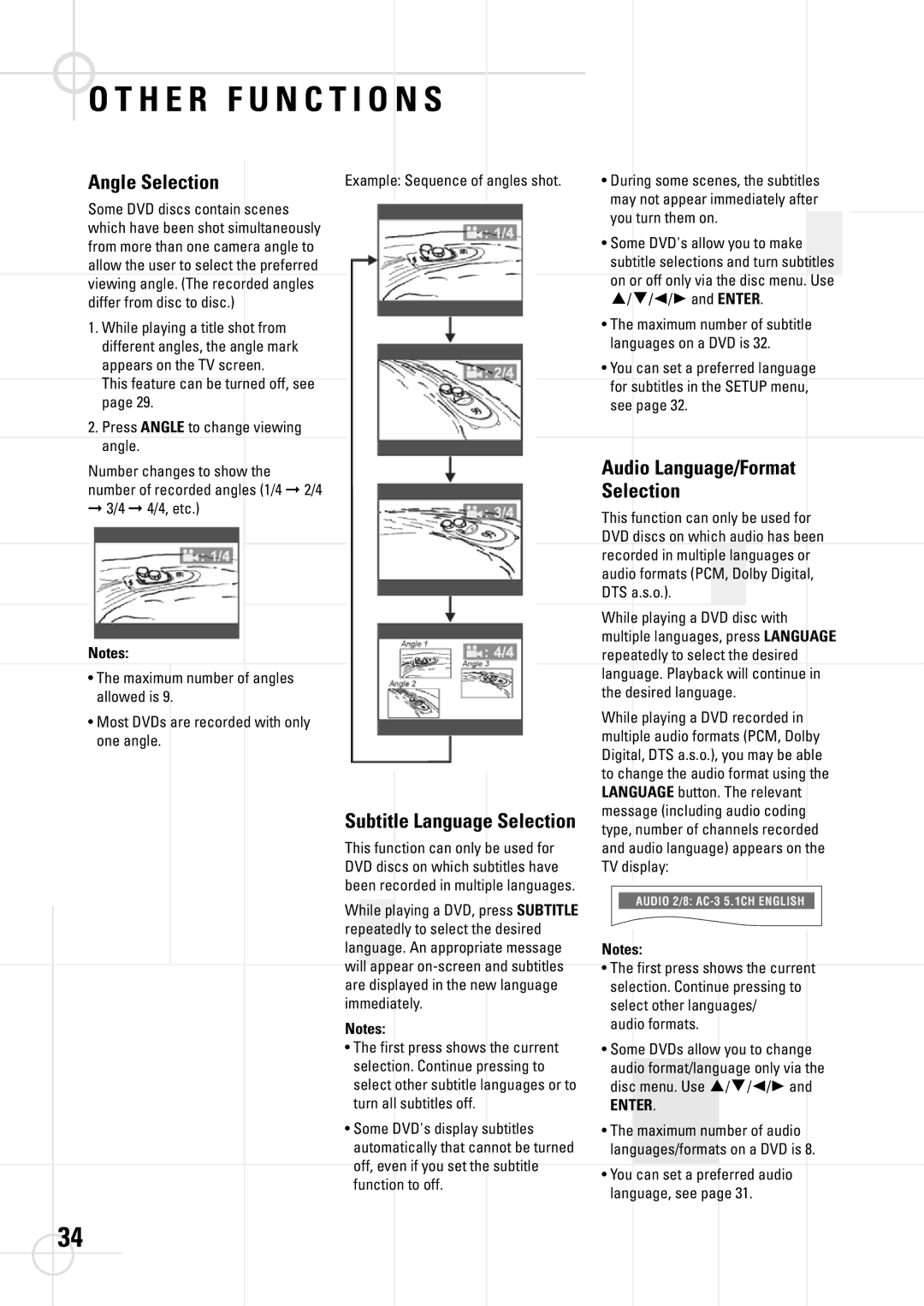 JBL DSC 400 manual H E R F U N C T I O N S, Angle Selection, Subtitle Language Selection, Audio Language/Format Selection 