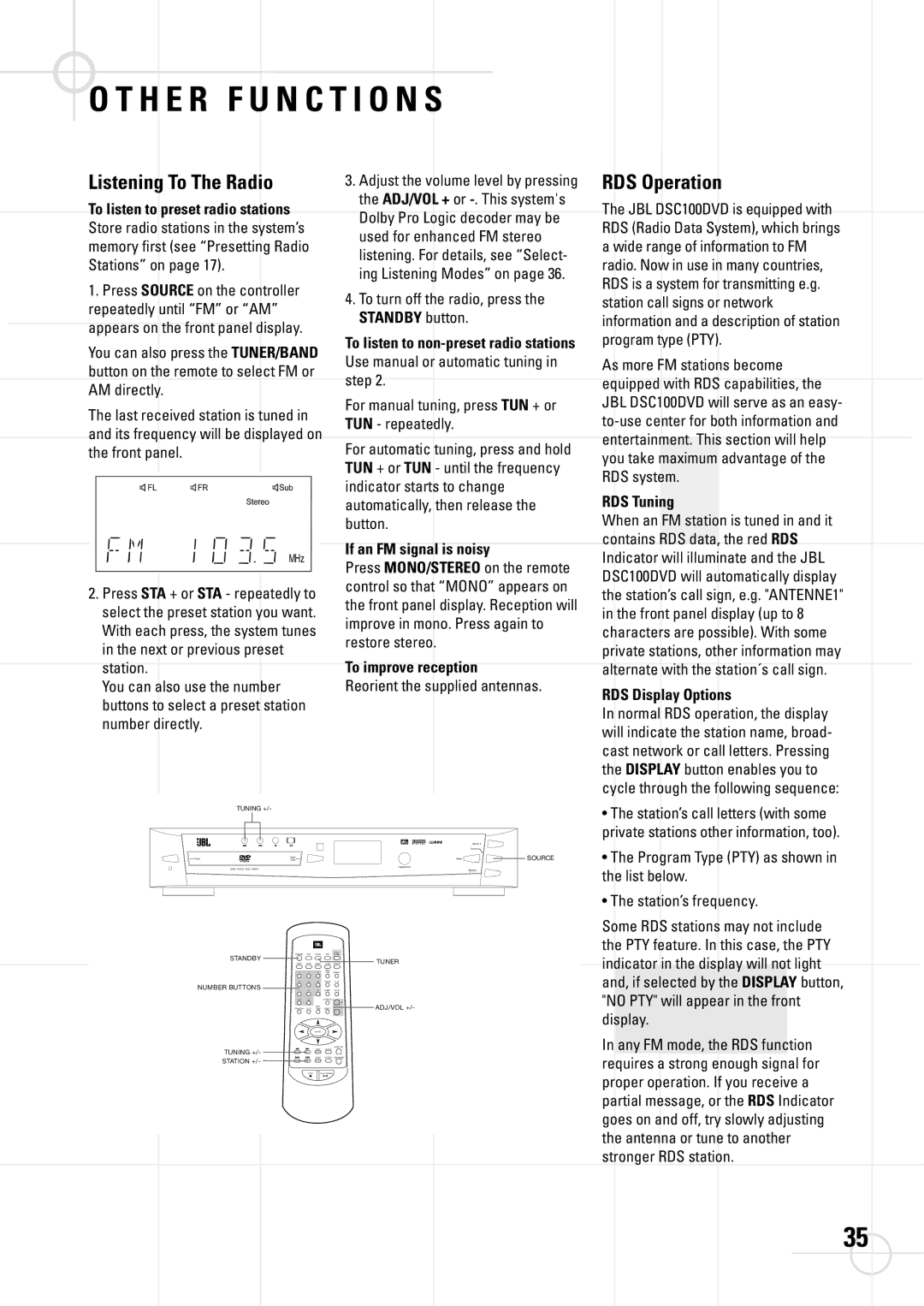 JBL DSC 800, DSC 400 manual Listening To The Radio, RDS Operation 