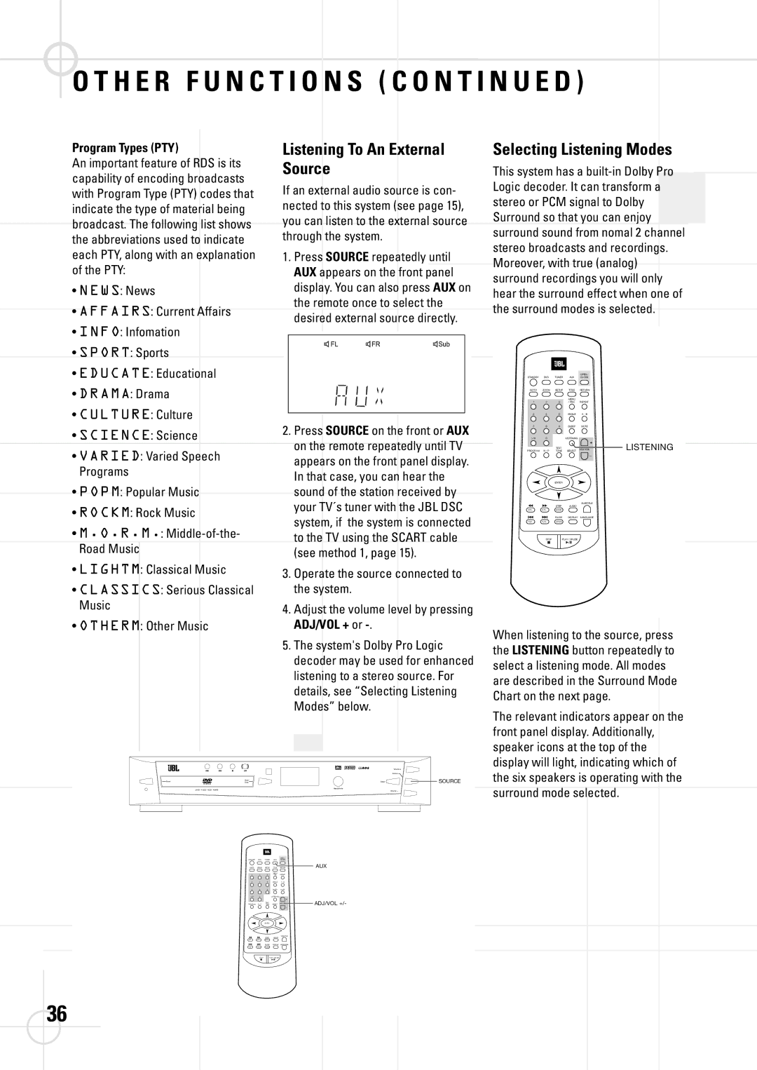 JBL DSC 400, DSC 800 Listening To An External Selecting Listening Modes, Source, Program Types PTY, Lightm, ADJ/VOL + or 