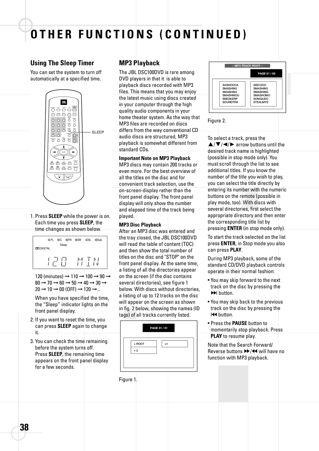 JBL DSC 400, DSC 800 manual Using The Sleep Timer, Important Note on MP3 Playback, MP3 Disc Playback 