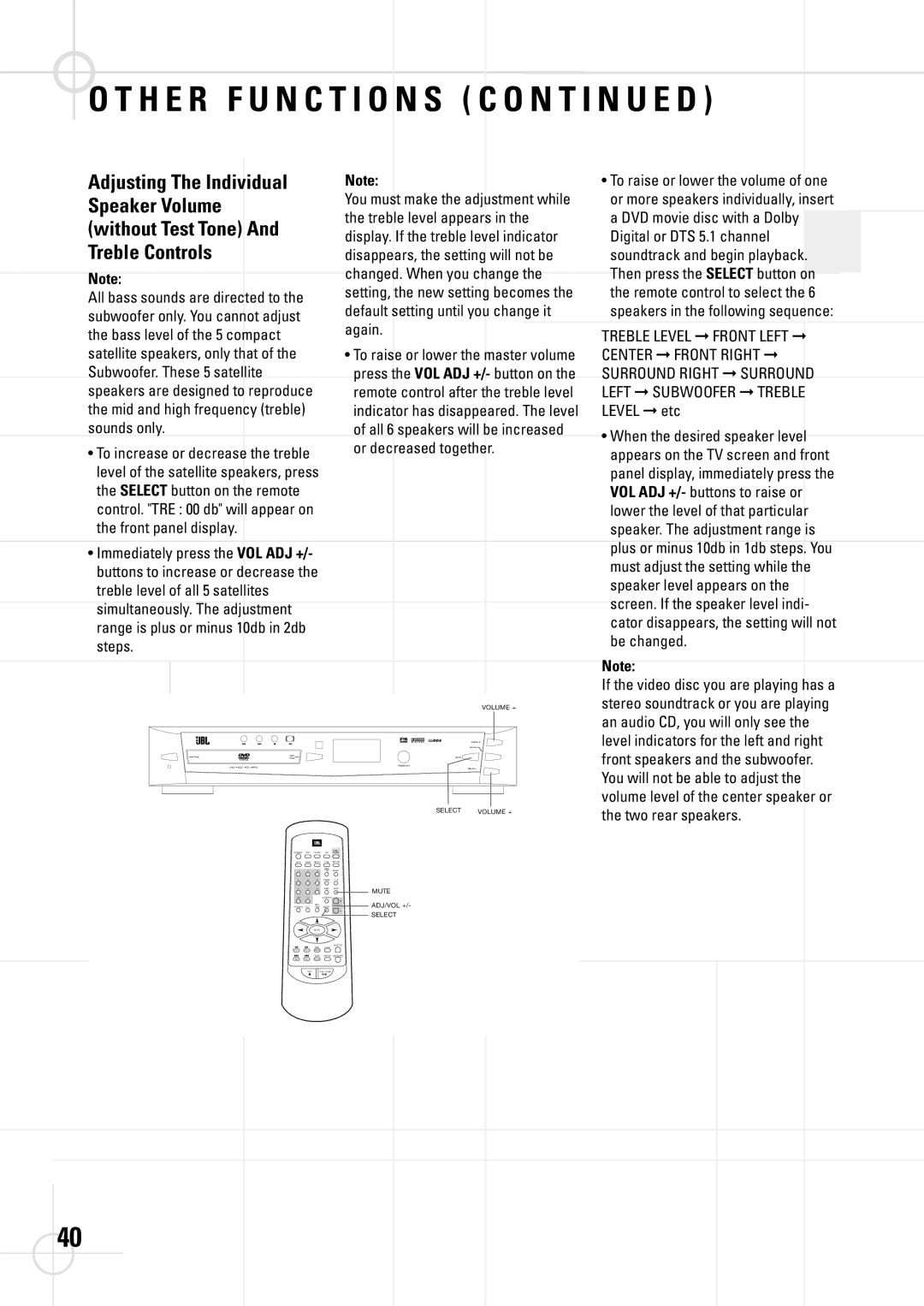 JBL DSC 400, DSC 800 manual Adjusting The Individual, Speaker Volume, Without Test Tone, Treble Controls 