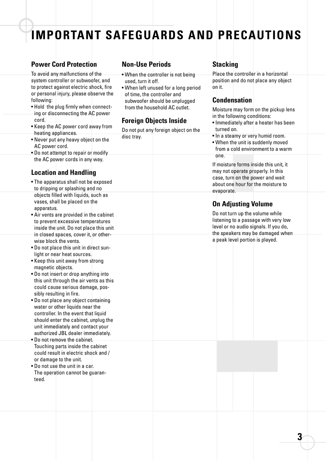 JBL DSC 800, DSC 400 manual Important Safeguards and Precautions 