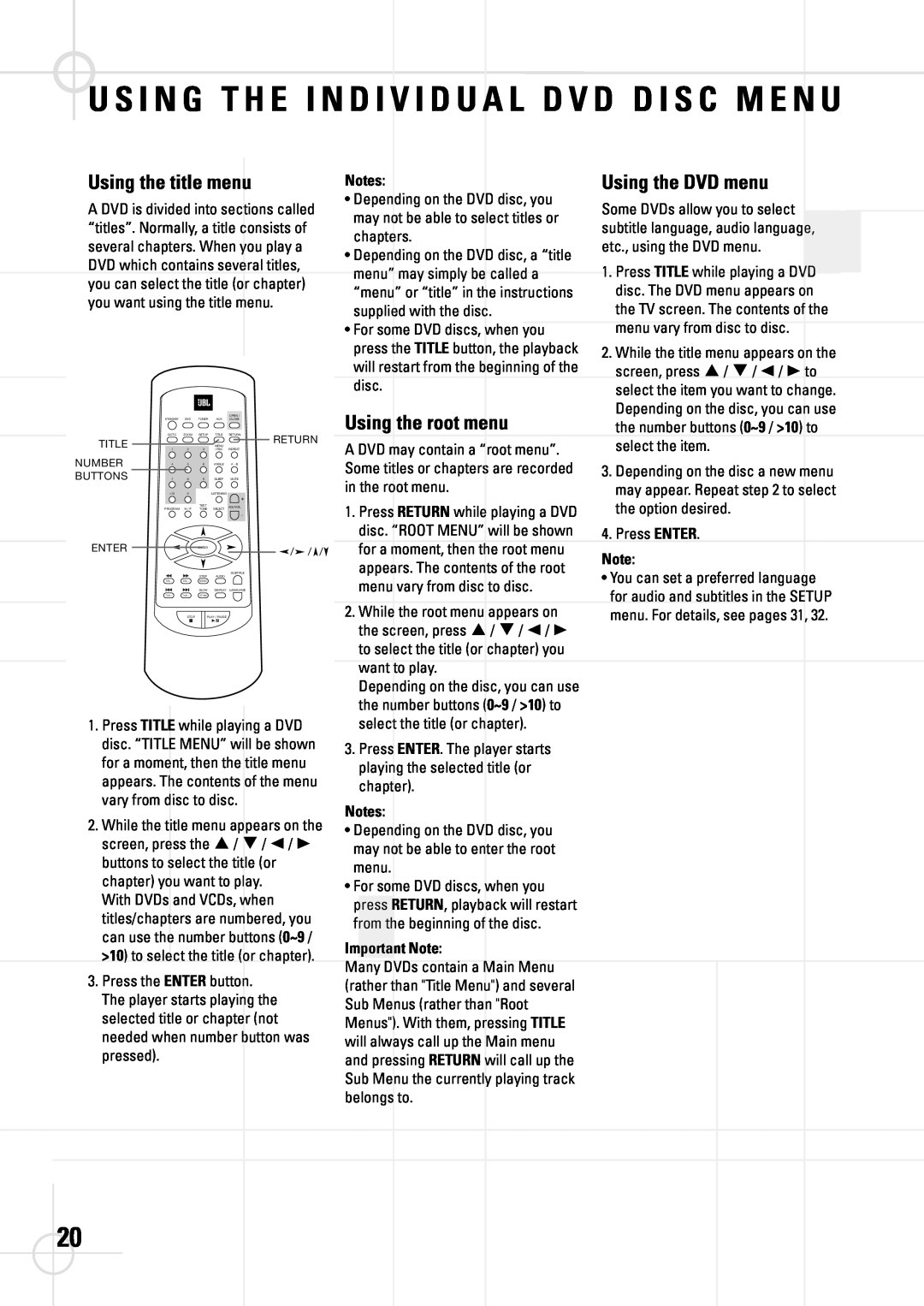 JBL DSC 400, DSC 800 manual Using the title menu, Using the DVD menu, Using the root menu, Important Note 