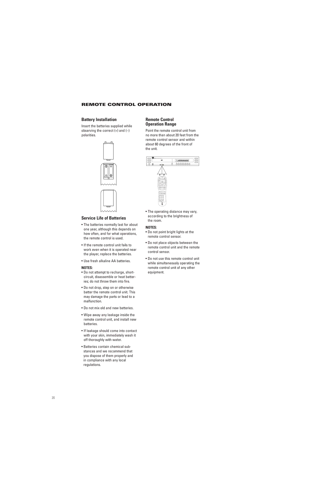 JBL DVD280 manual Battery Installation, Remote Control Operation Range, Service Life of Batteries 