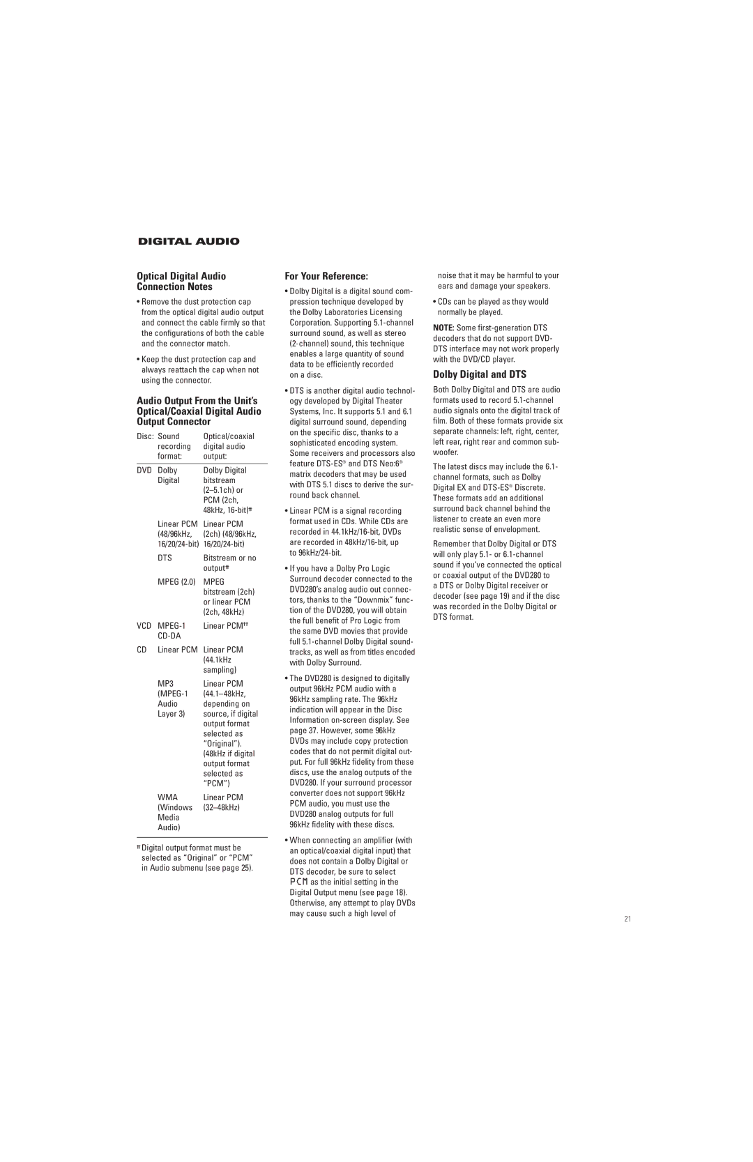 JBL DVD280 manual Optical Digital Audio Connection Notes, For Your Reference, Dolby Digital and DTS 