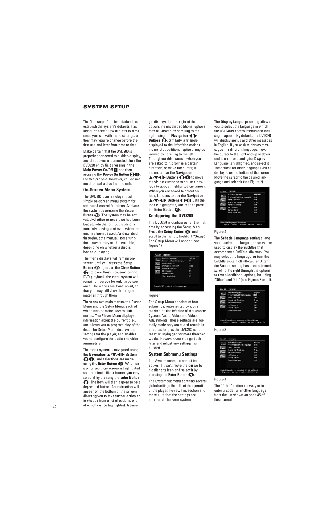 JBL manual On-Screen Menu System, Configuring the DVD280, System Submenu Settings, System Setup 