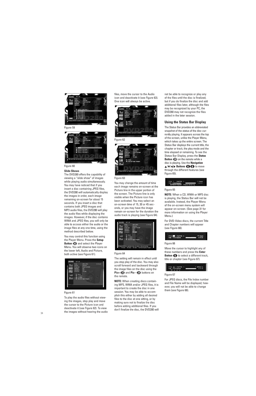 JBL DVD280 manual Using the Status Bar Display, Slide Shows, Cursor to the Picture icon 