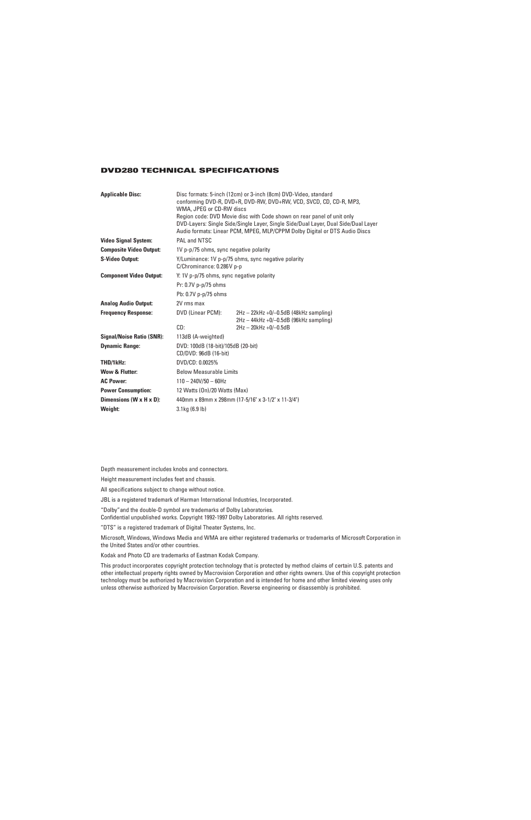 JBL manual DVD280 Technical Specifications 