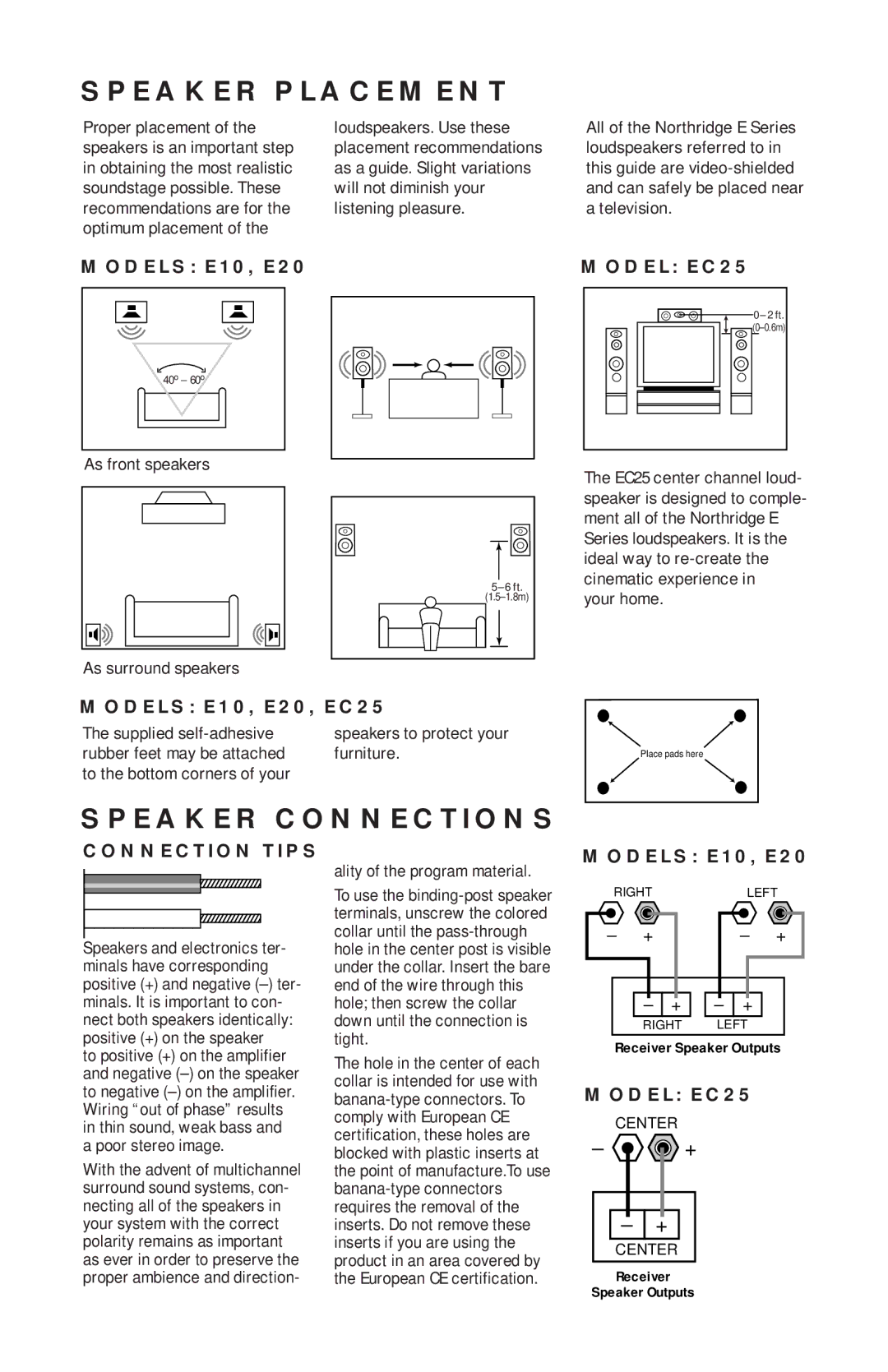 JBL manual Speaker Placement, Speaker Connections, Models E10, E20, EC25 