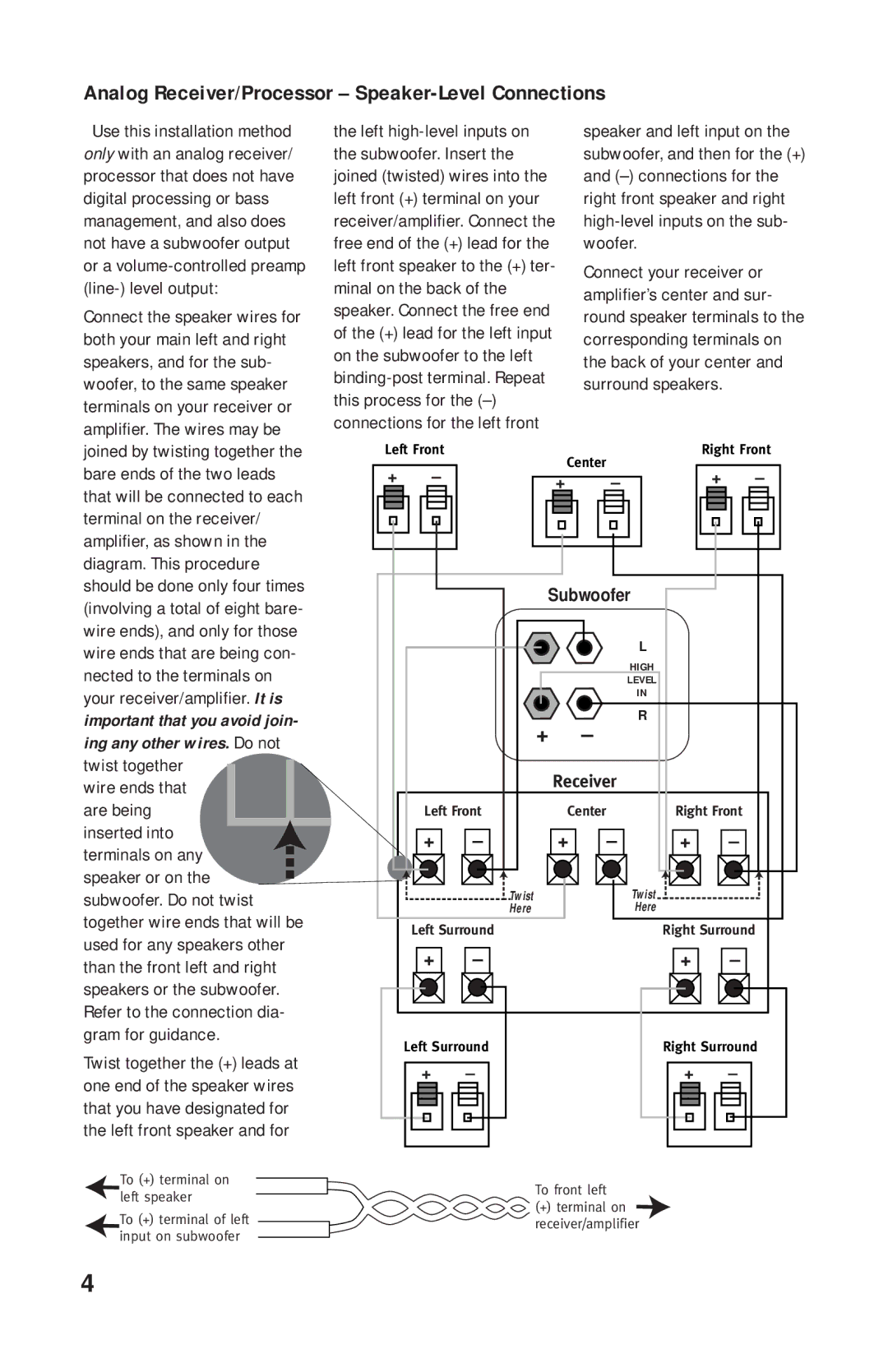 JBL E250P, E150P manual Analog Receiver/Processor Speaker-Level Connections, Subwoofer 