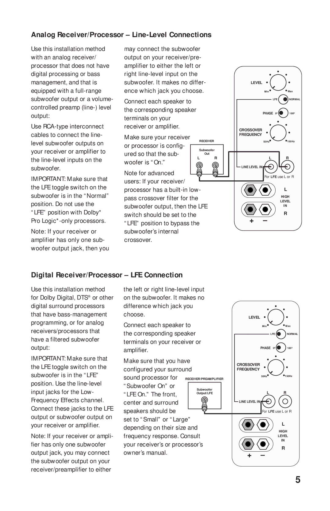 JBL E150P, E250P manual Analog Receiver/Processor Line-Level Connections, Digital Receiver/Processor LFE Connection 