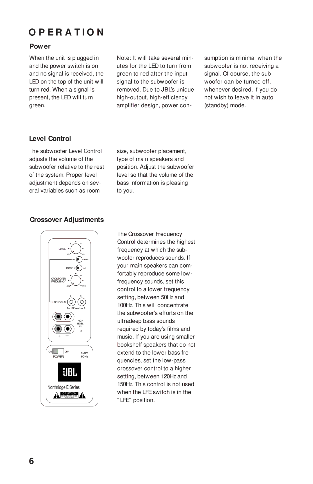 JBL E250P, E150P manual Operation, Power, Level Control, Crossover Adjustments 