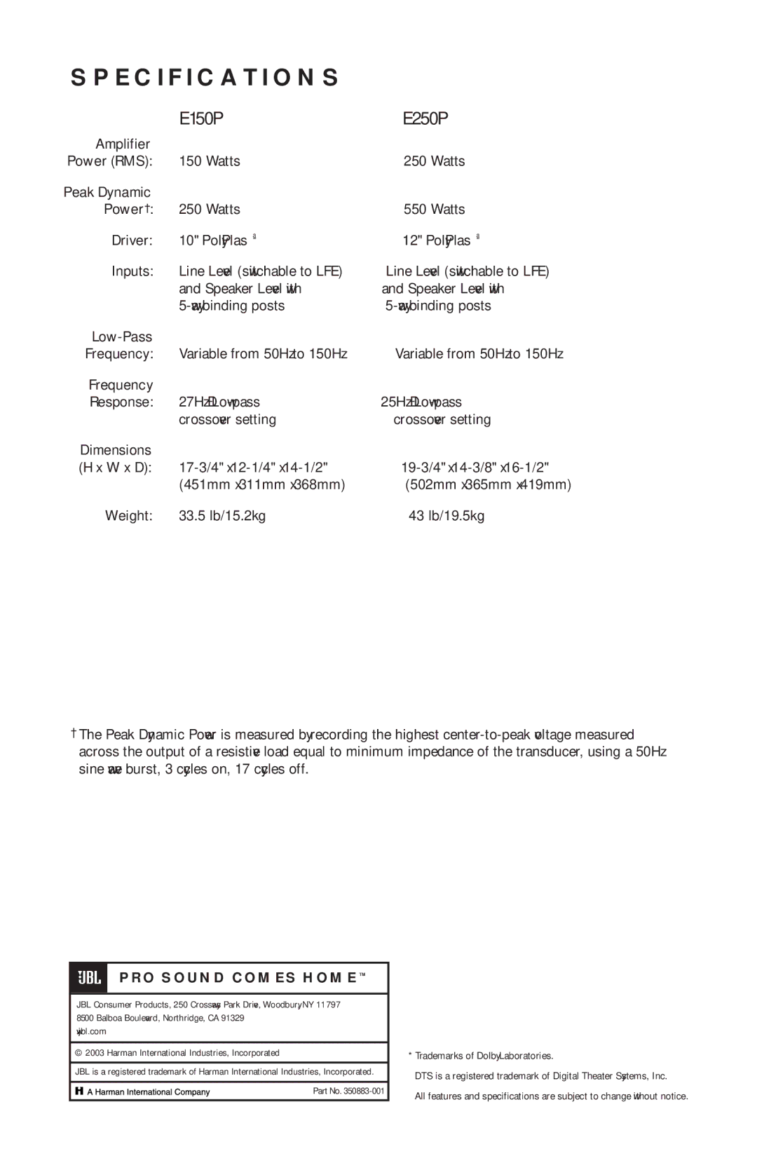 JBL E250P manual Specifications, E150P 