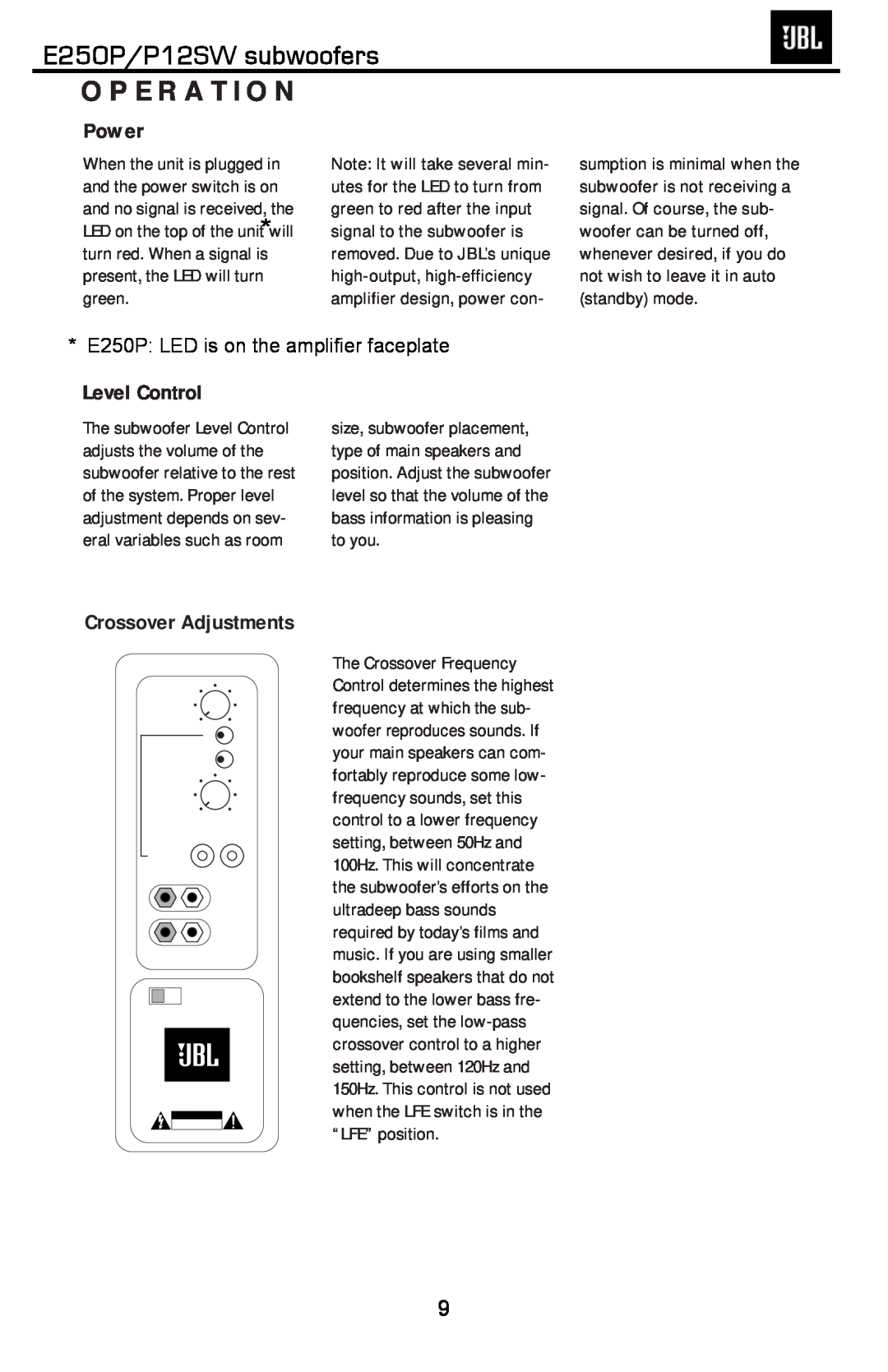 JBL service manual Operation, E250P/P12SW subwoofers, Power, Level Control, Crossover Adjustments 