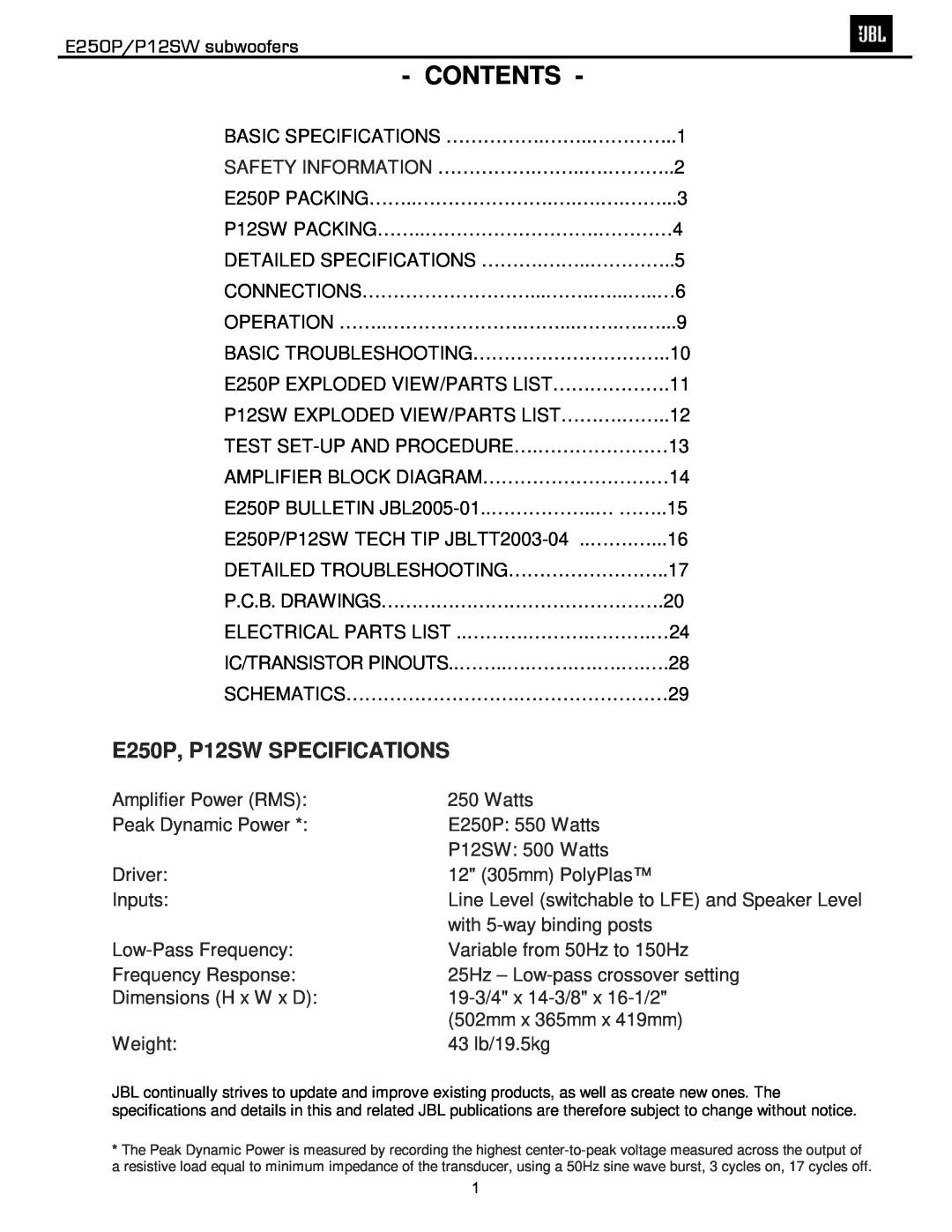 JBL service manual Contents, E250P/P12SW subwoofers, E250P, P12SW SPECIFICATIONS 