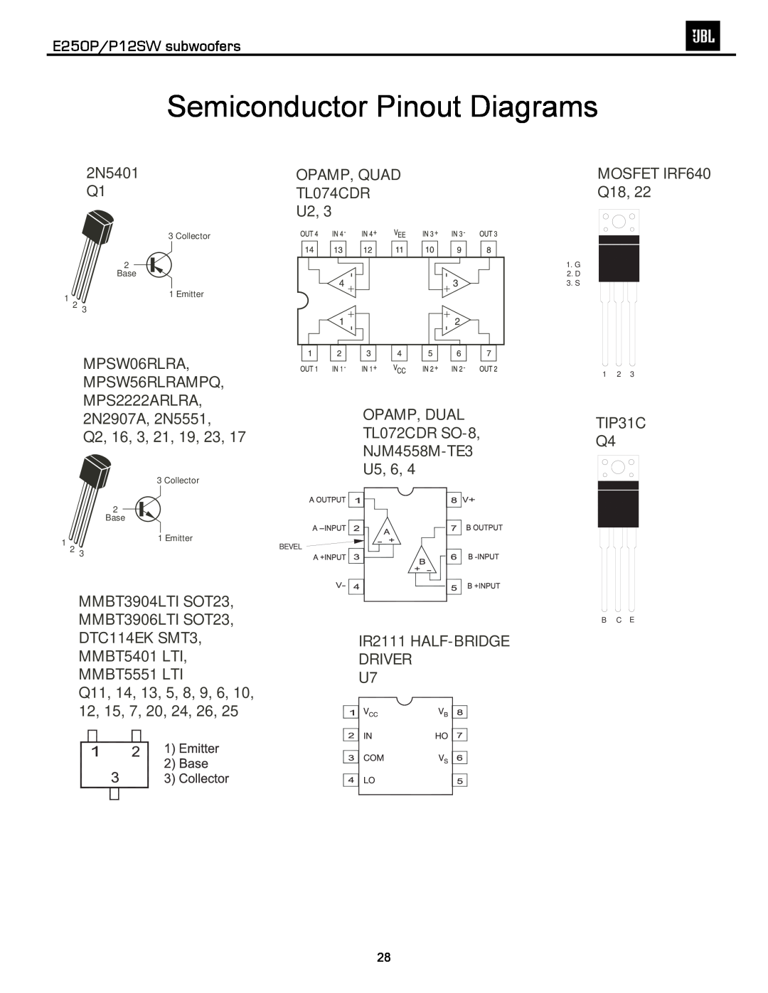 JBL service manual Semiconductor Pinout Diagrams, E250P/P12SW subwoofers 