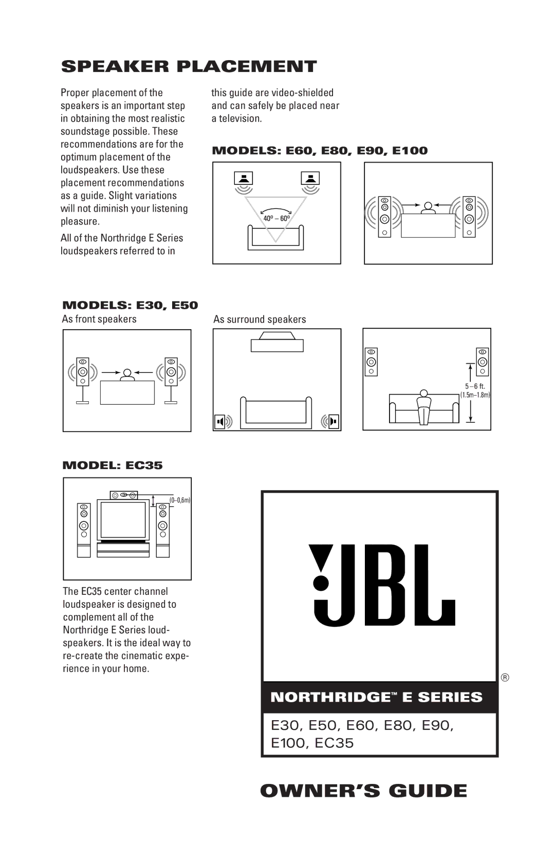 JBL E100, E50, E60, E90, E80, E30 manual Speaker Placement, Model EC35 