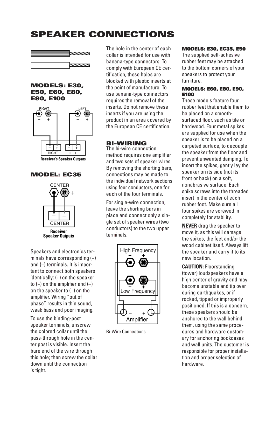 JBL manual Speaker Connections, Bi-Wiring, Receiver Speaker Outputs, Models E30, EC35, E50, Models E60, E80, E90, E100 