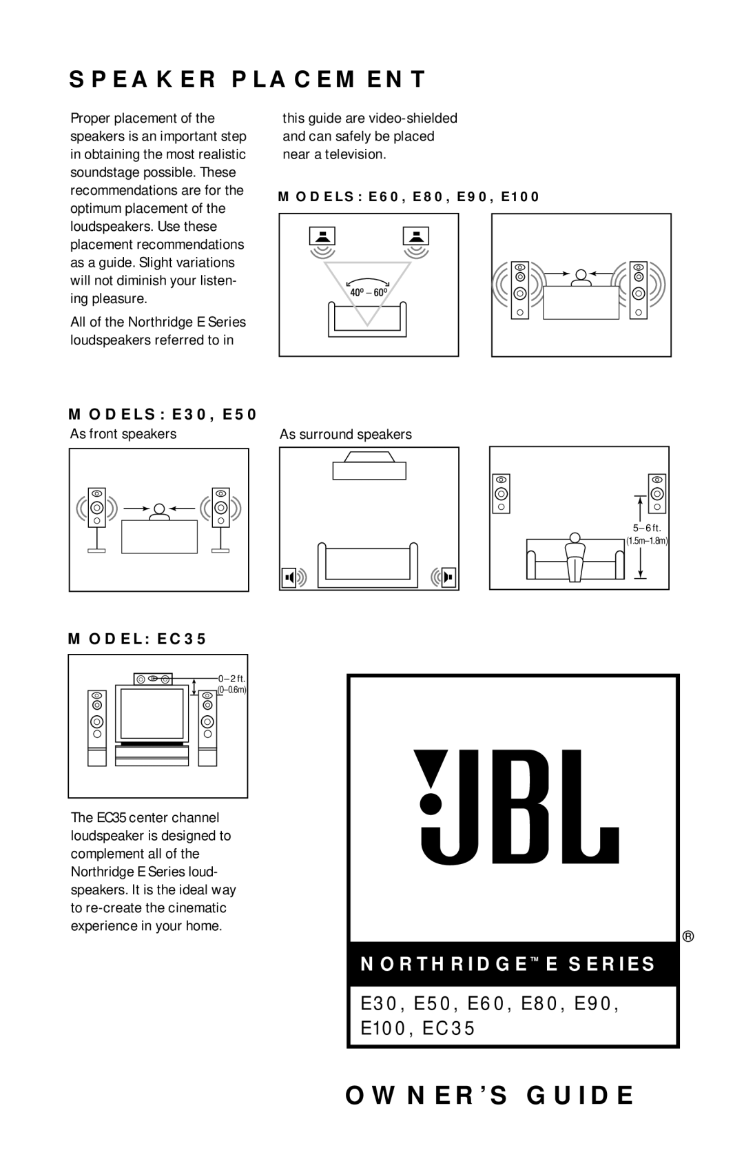 JBL E100, E50, E60, E90, E80 manual Speaker Placement, Model EC35 