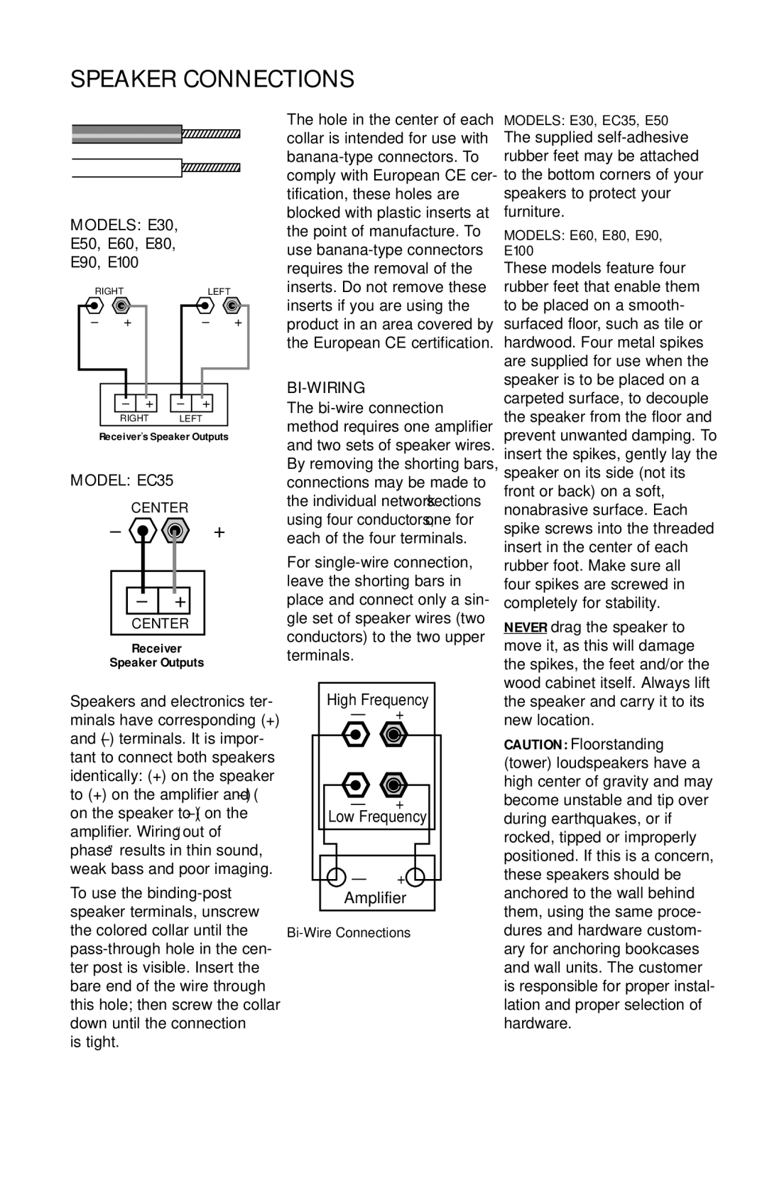 JBL E60, E50, E100, EC35, E90, E80 manual Speaker Connections, Bi-Wiring 