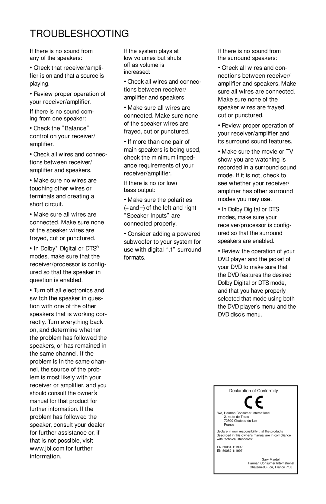 JBL EC35, E50, E100, E60, E90, E80 manual Troubleshooting, Declaration of Conformity 