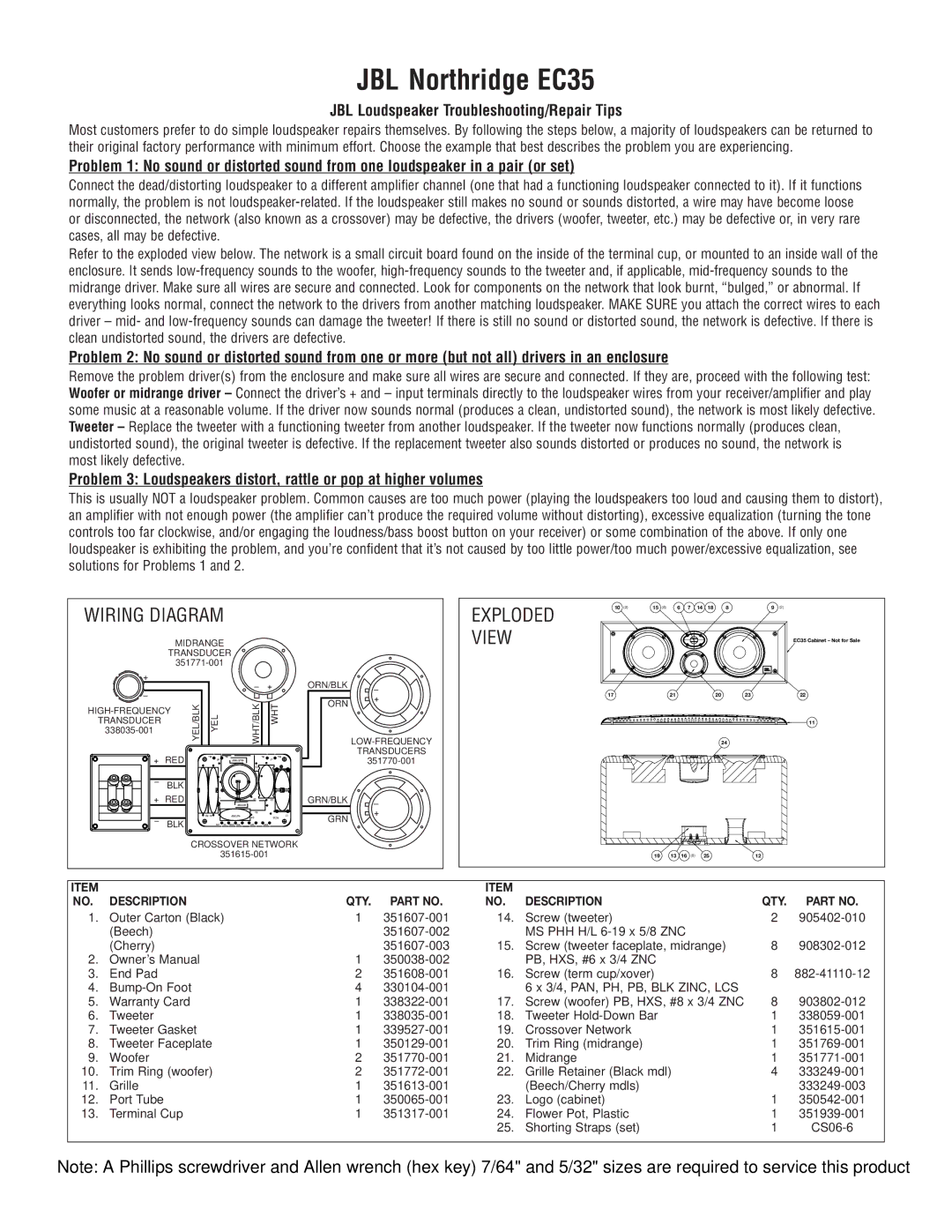 JBL owner manual JBL Northridge EC35, View, JBL Loudspeaker Troubleshooting/Repair Tips 