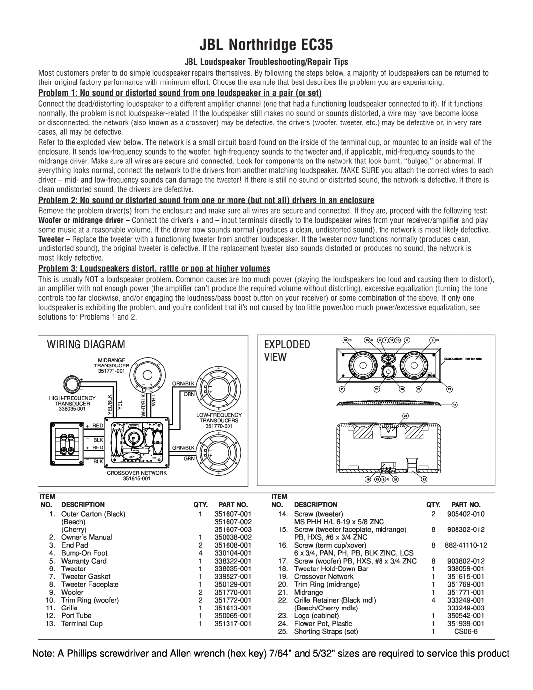 JBL owner manual JBL Northridge EC35, View, Wiring Diagram, Exploded 