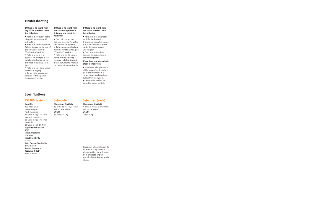 JBL ECS300 setup guide ESC300 System Subwoofer Satellites each 