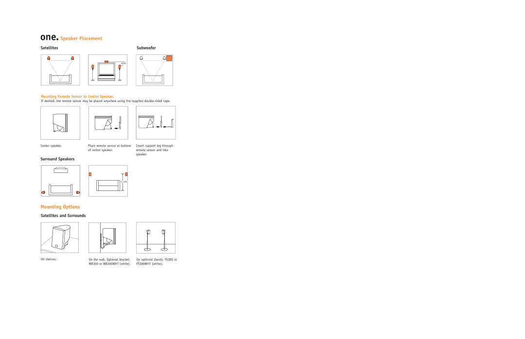 JBL ECS300 setup guide One. Speaker Placement, Mounting Options, Mounting Remote Sensor to Center Speaker 