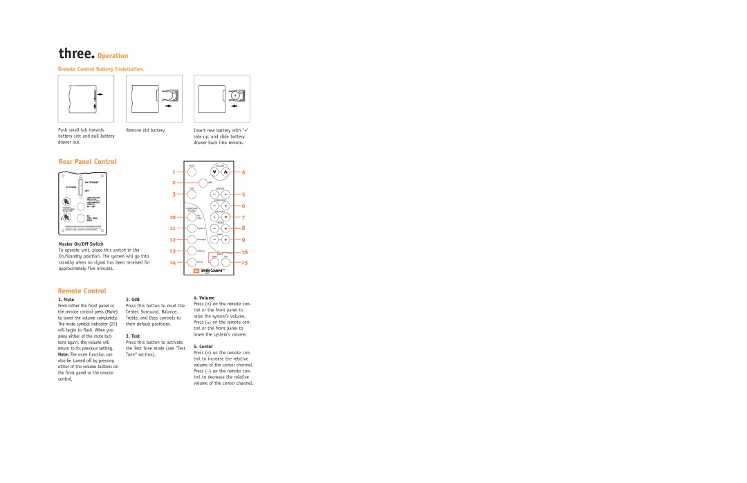 JBL ECS300 setup guide Three. Operation, Rear Panel Control, Remote Control Battery Installation 