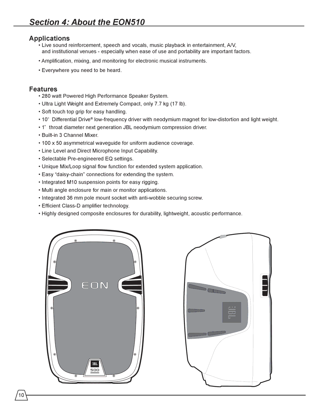 JBL EON 510 manual About the EON510, Applications, Features 