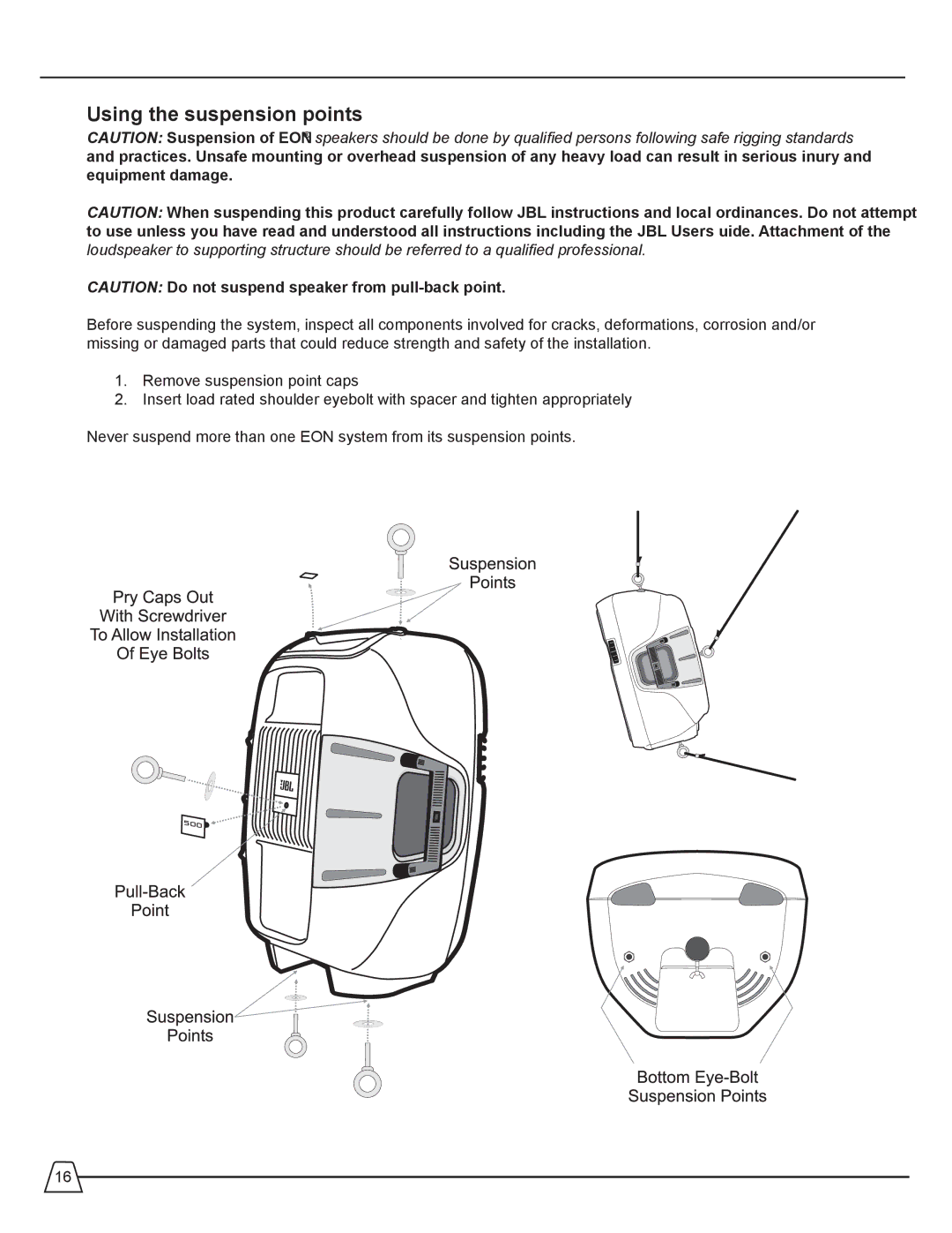 JBL EON 510 manual Using the suspension points 