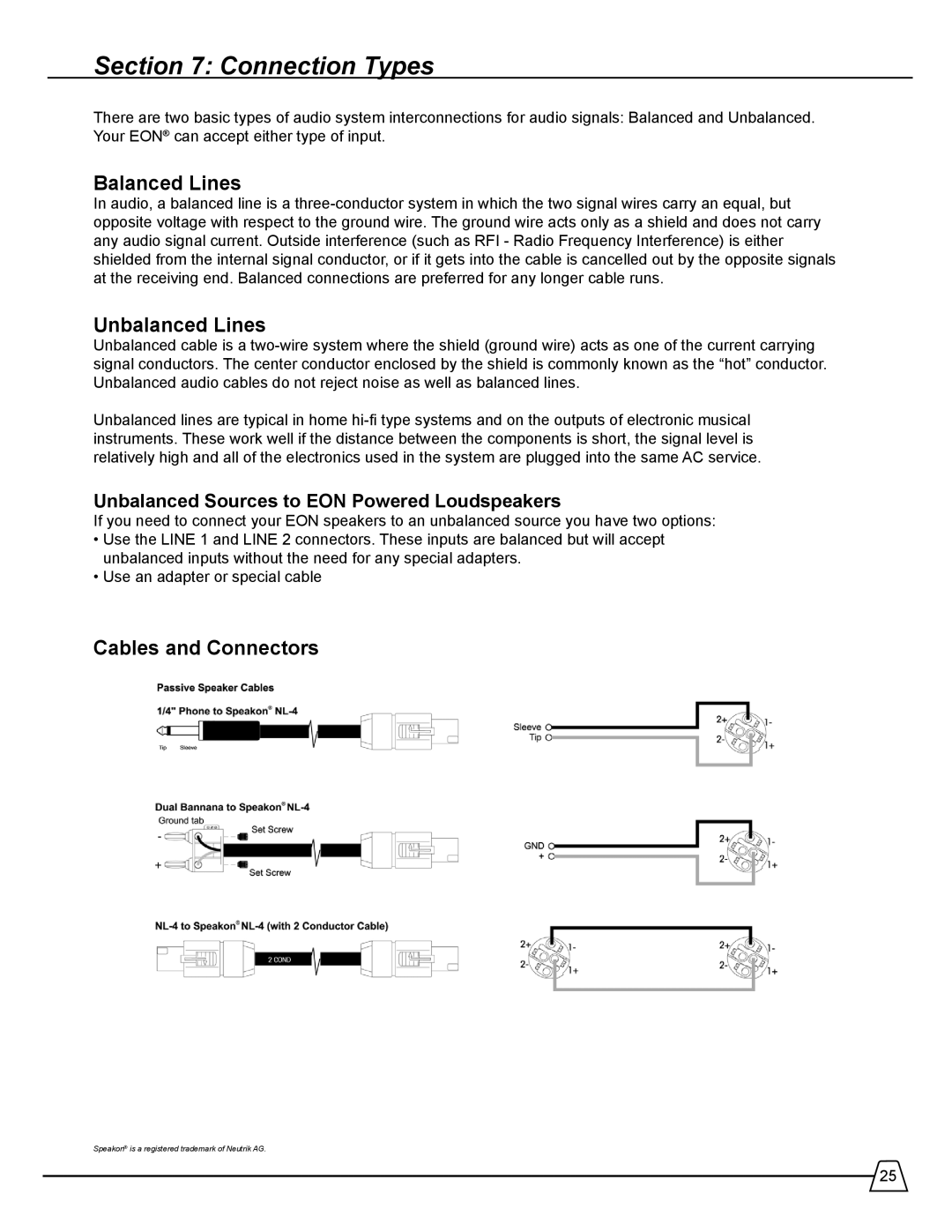 JBL EON 510 manual Connection Types, Balanced Lines, Unbalanced Lines, Cables and Connectors 