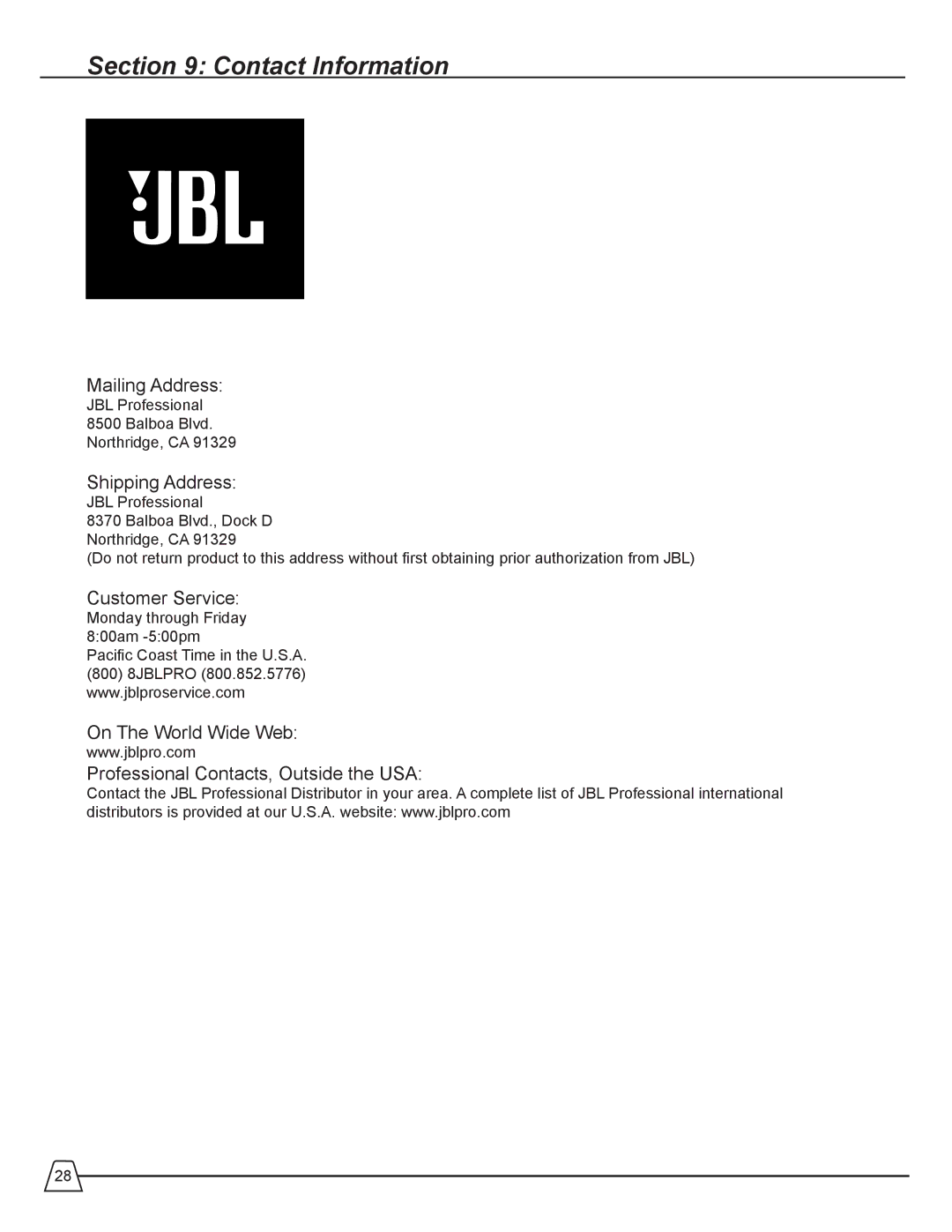 JBL EON 510 manual Contact Information, Shipping Address 