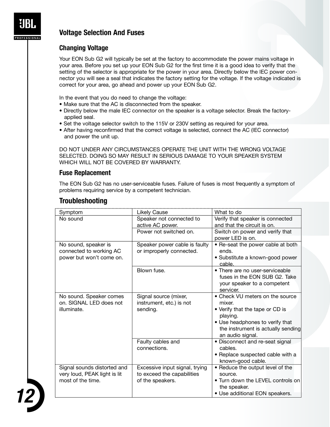 JBL EON PowerSub G2 manual Voltage Selection And Fuses, Troubleshooting, Changing Voltage, Fuse Replacement 