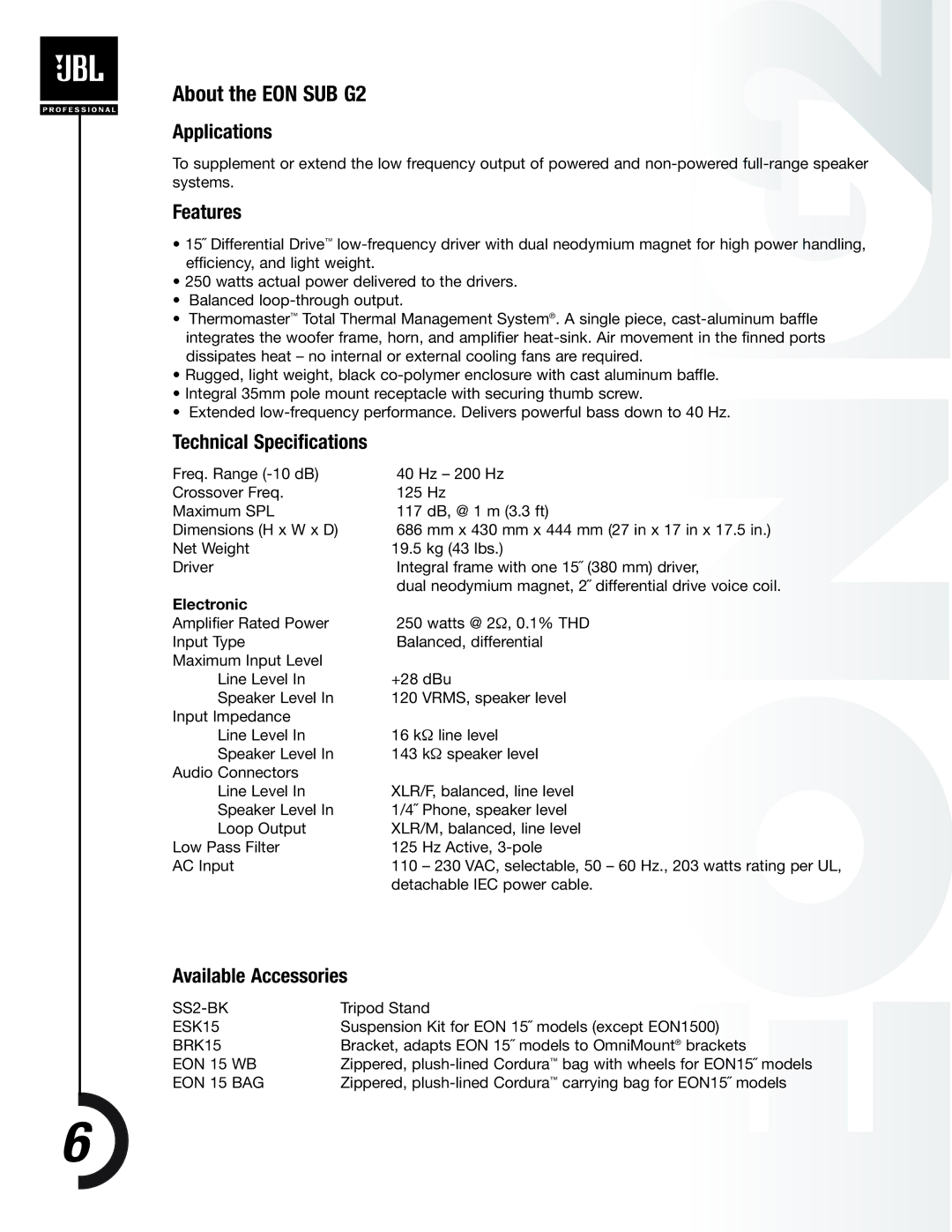 JBL EON PowerSub G2 manual About the EON SUB G2, Applications, Features, Technical Specifications, Available Accessories 