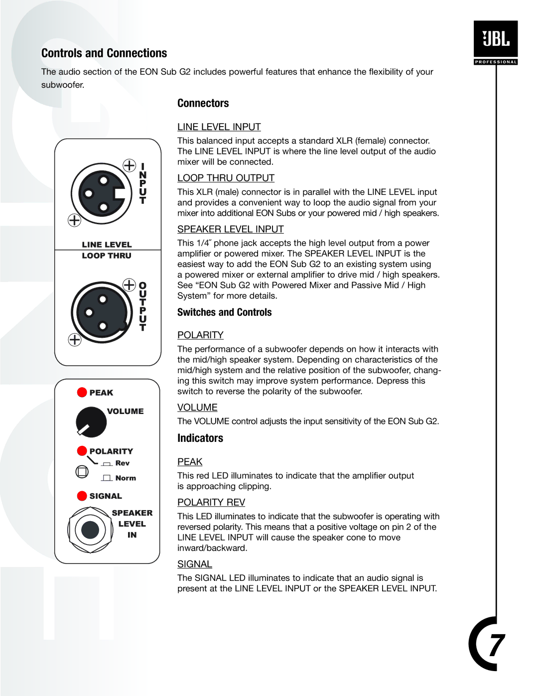 JBL EON PowerSub G2 manual Controls and Connections, Connectors, Indicators 