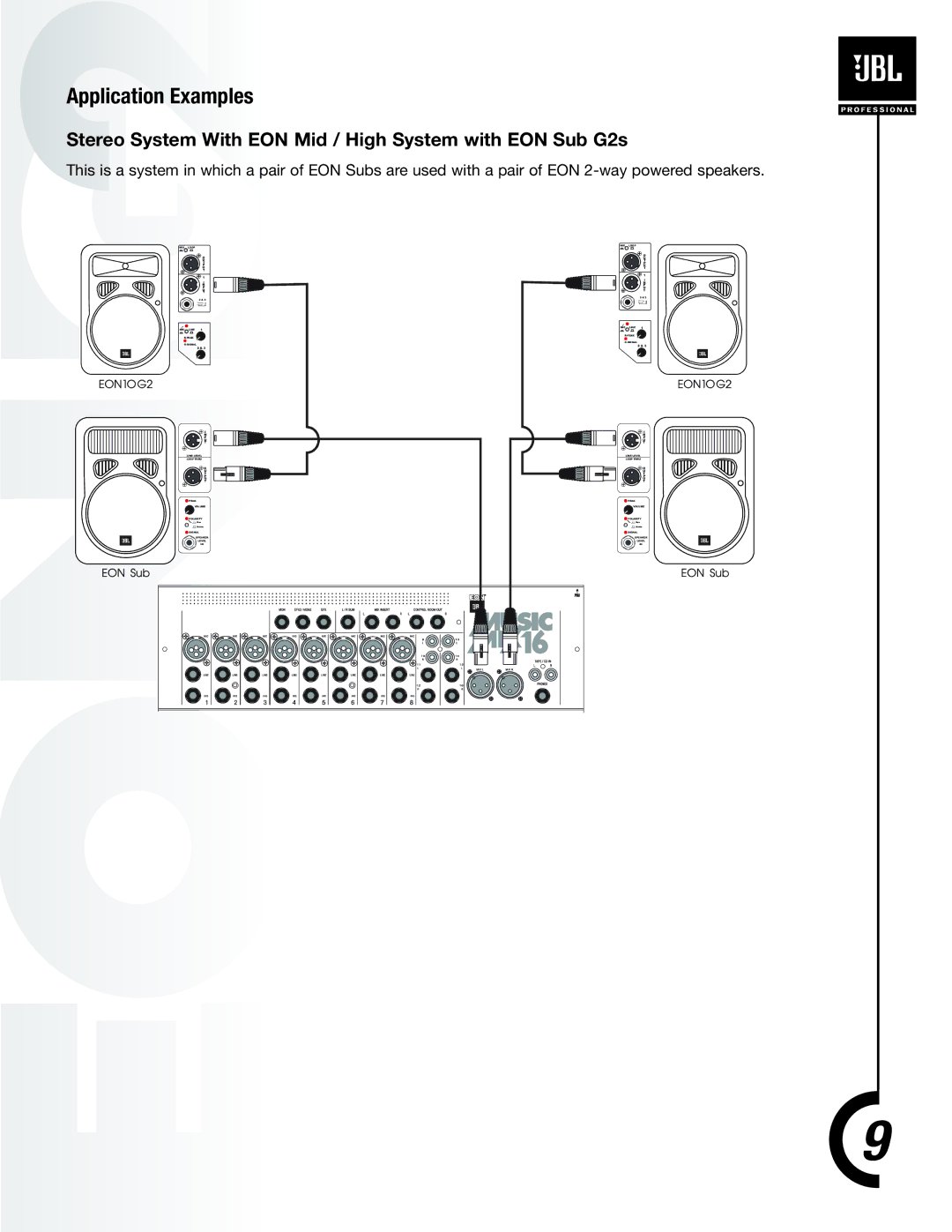 JBL EON PowerSub G2 manual Application Examples, Stereo System With EON Mid / High System with EON Sub G2s 