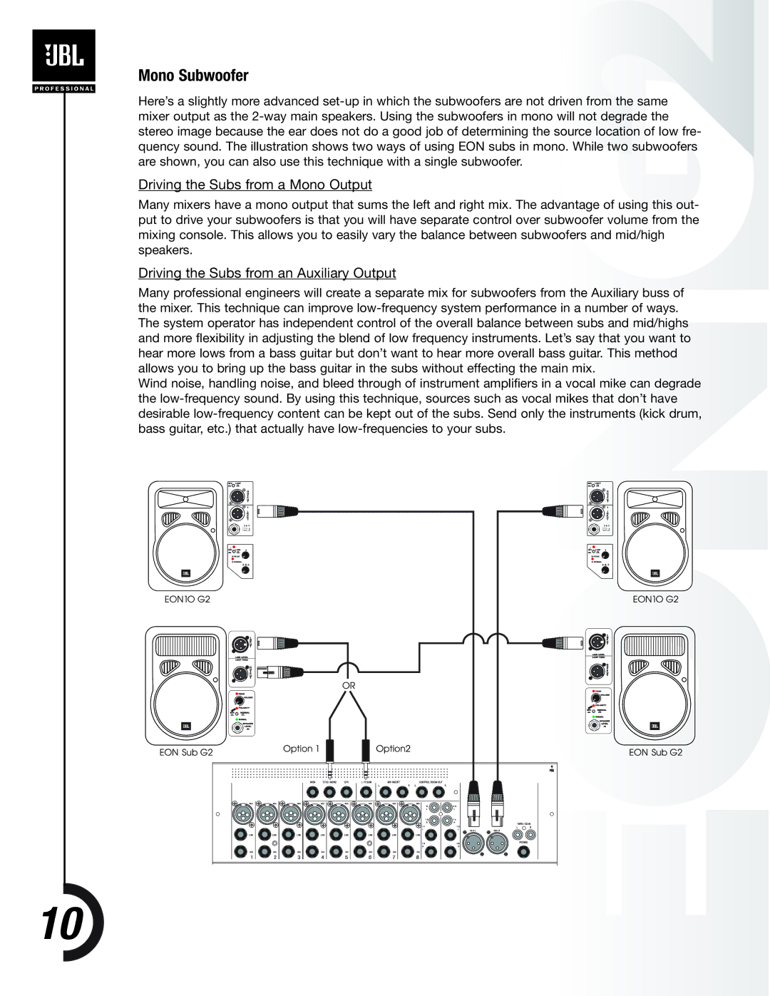 JBL EON PowerSub G2 manual Mono Subwoofer, Driving the Subs from a Mono Output 