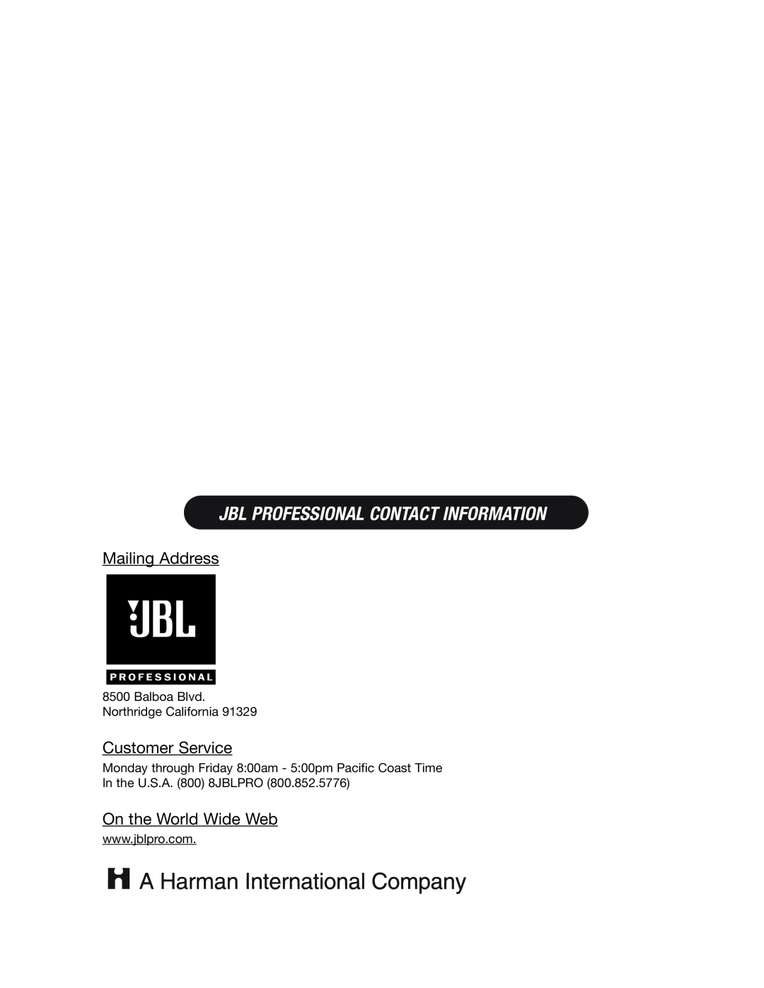 JBL EON PowerSub G2 manual Jbl Professional Contact Information, Mailing Address, Customer Service, On the World Wide Web 