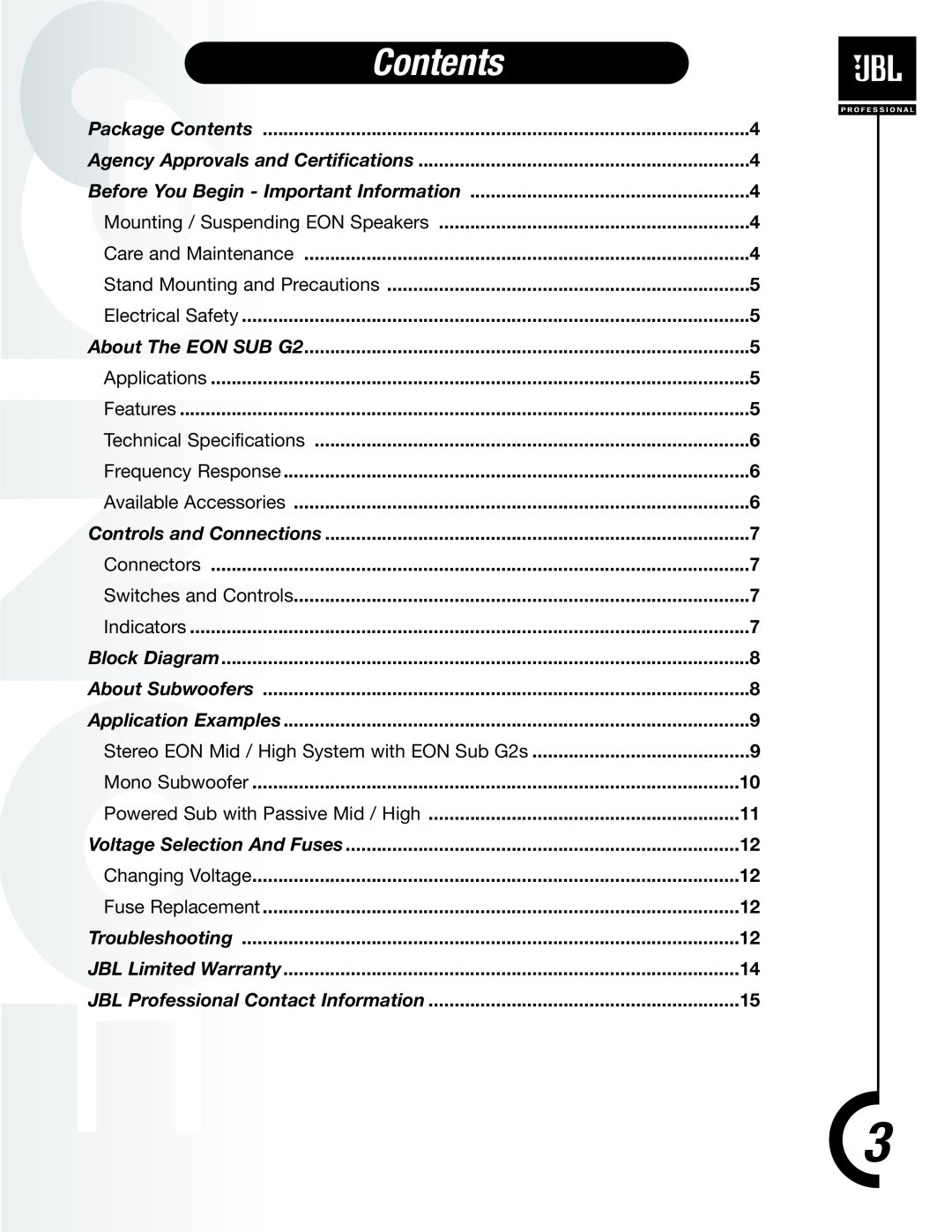 JBL EON PowerSub G2 manual Contents 
