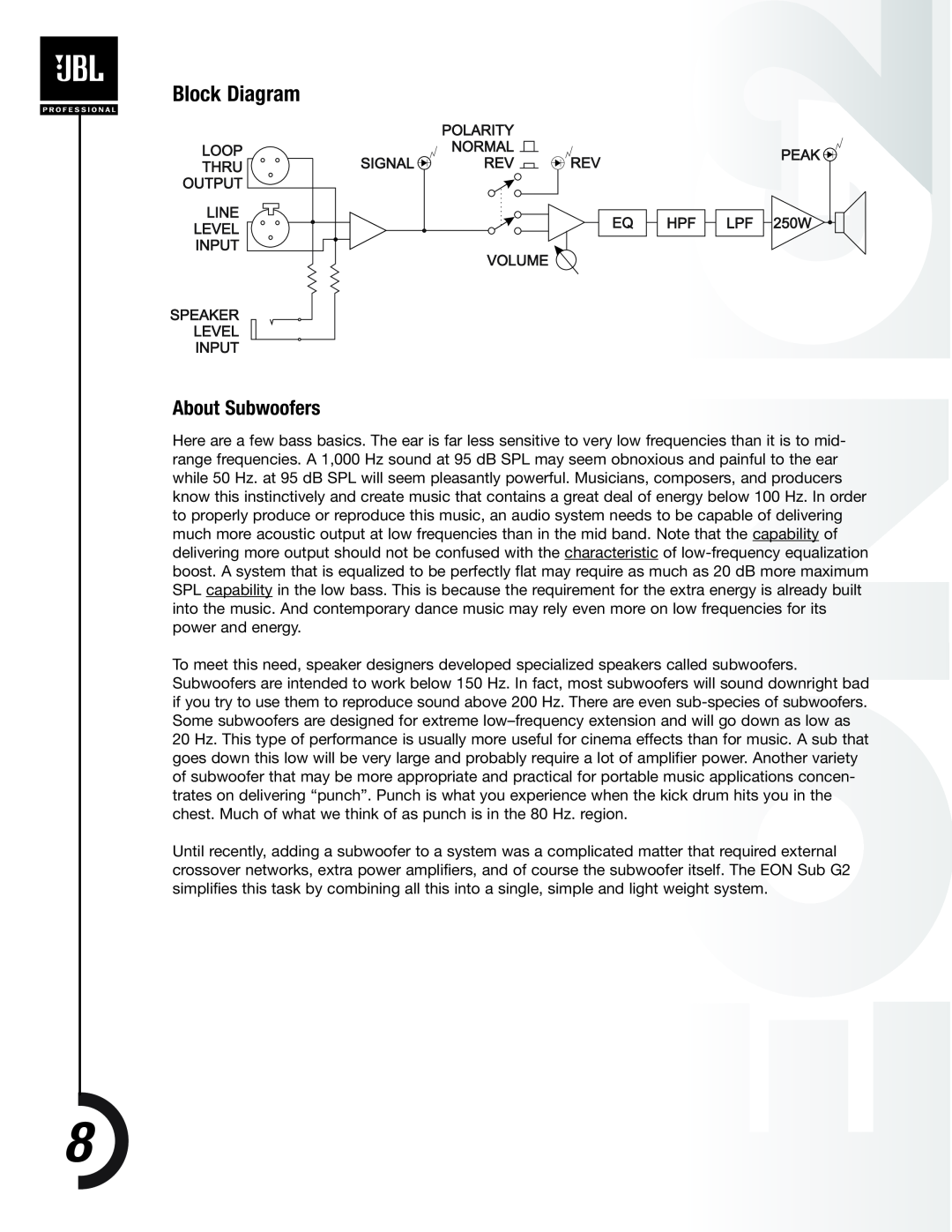 JBL EON PowerSub G2 manual Block Diagram, About Subwoofers 