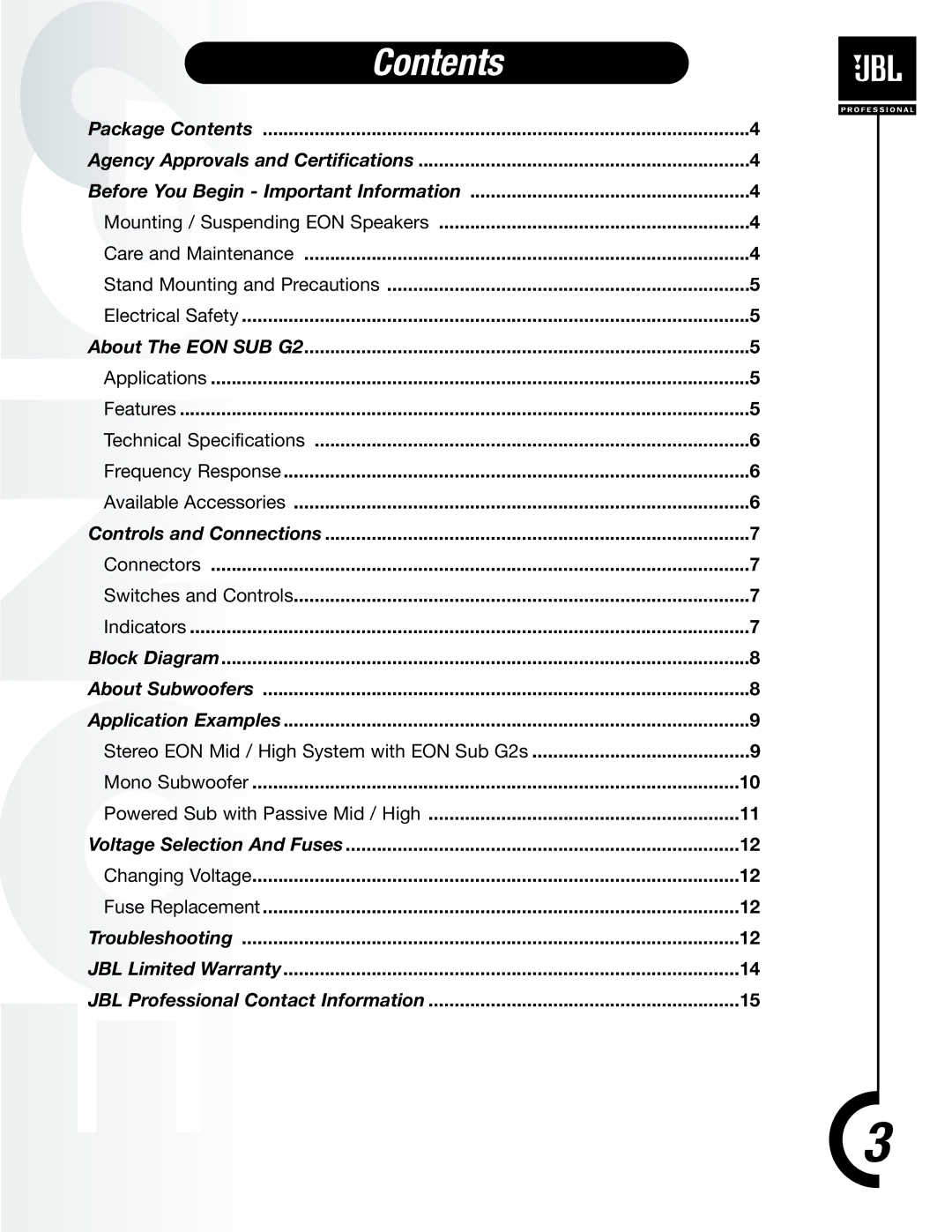 JBL EON Sub G2 manual Contents 