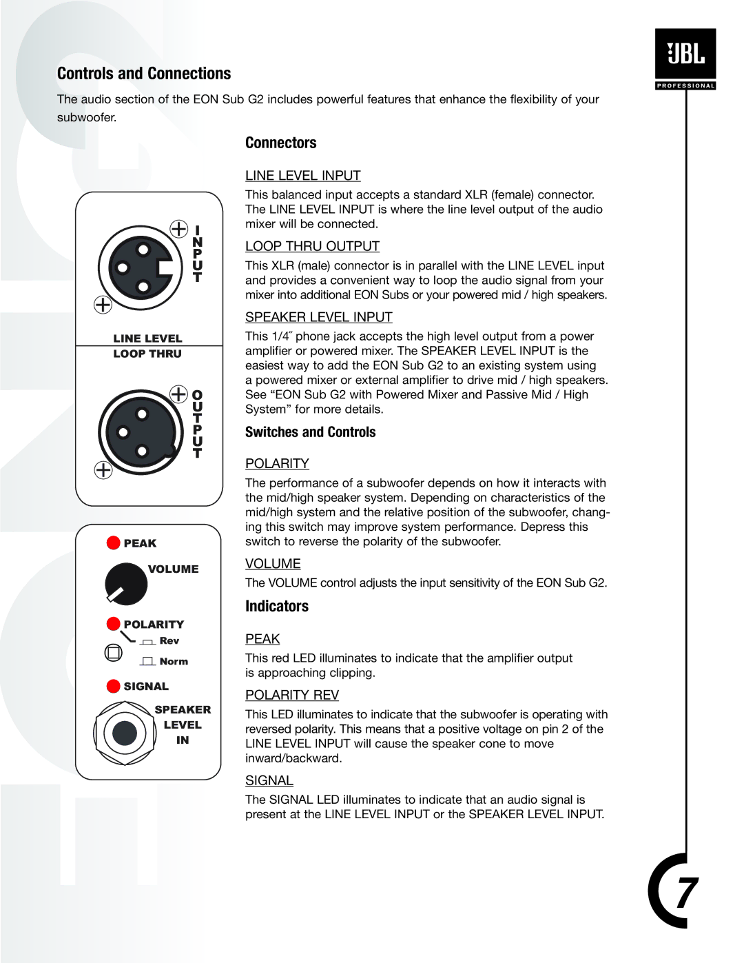 JBL EON Sub G2 manual Controls and Connections, Connectors, Indicators 